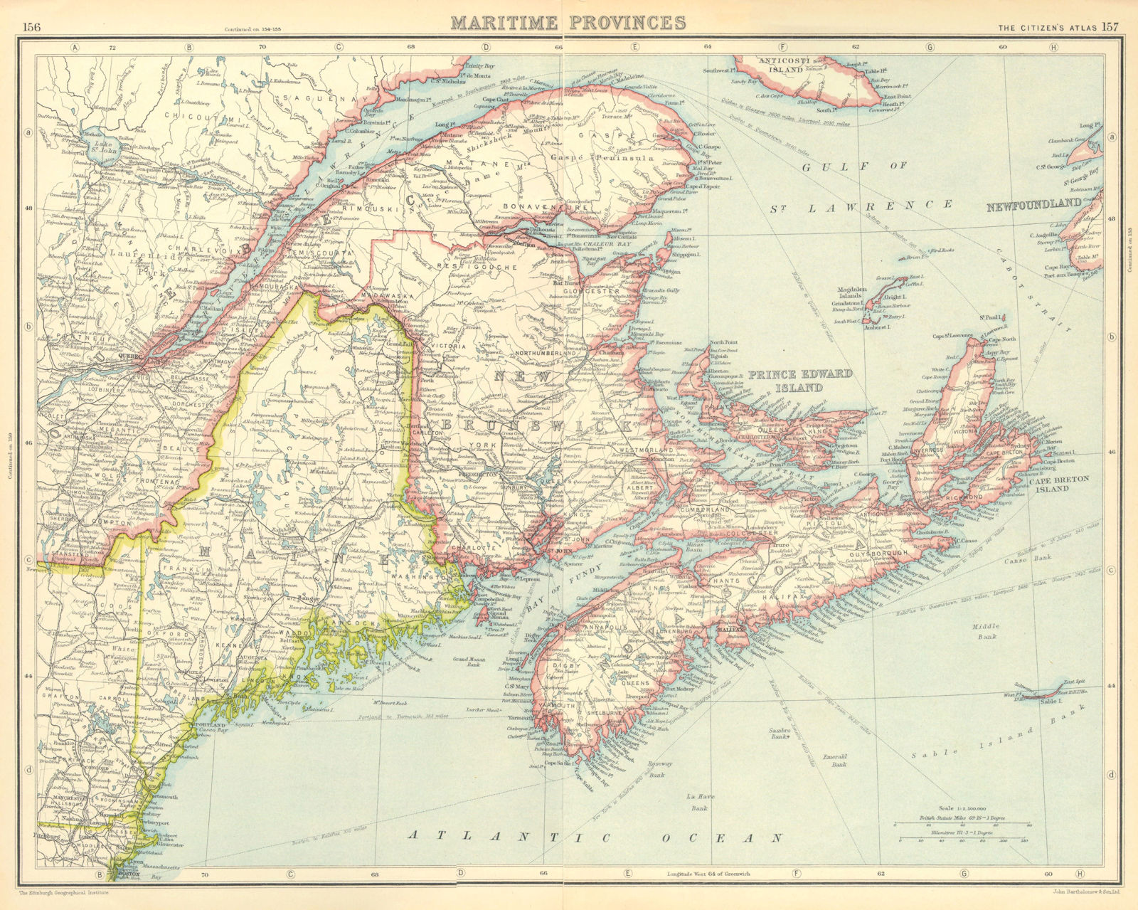 CANADA.Maritime Provinces.New Brunswick Nova Scotia Maine.BARTHOLOMEW 1924 map