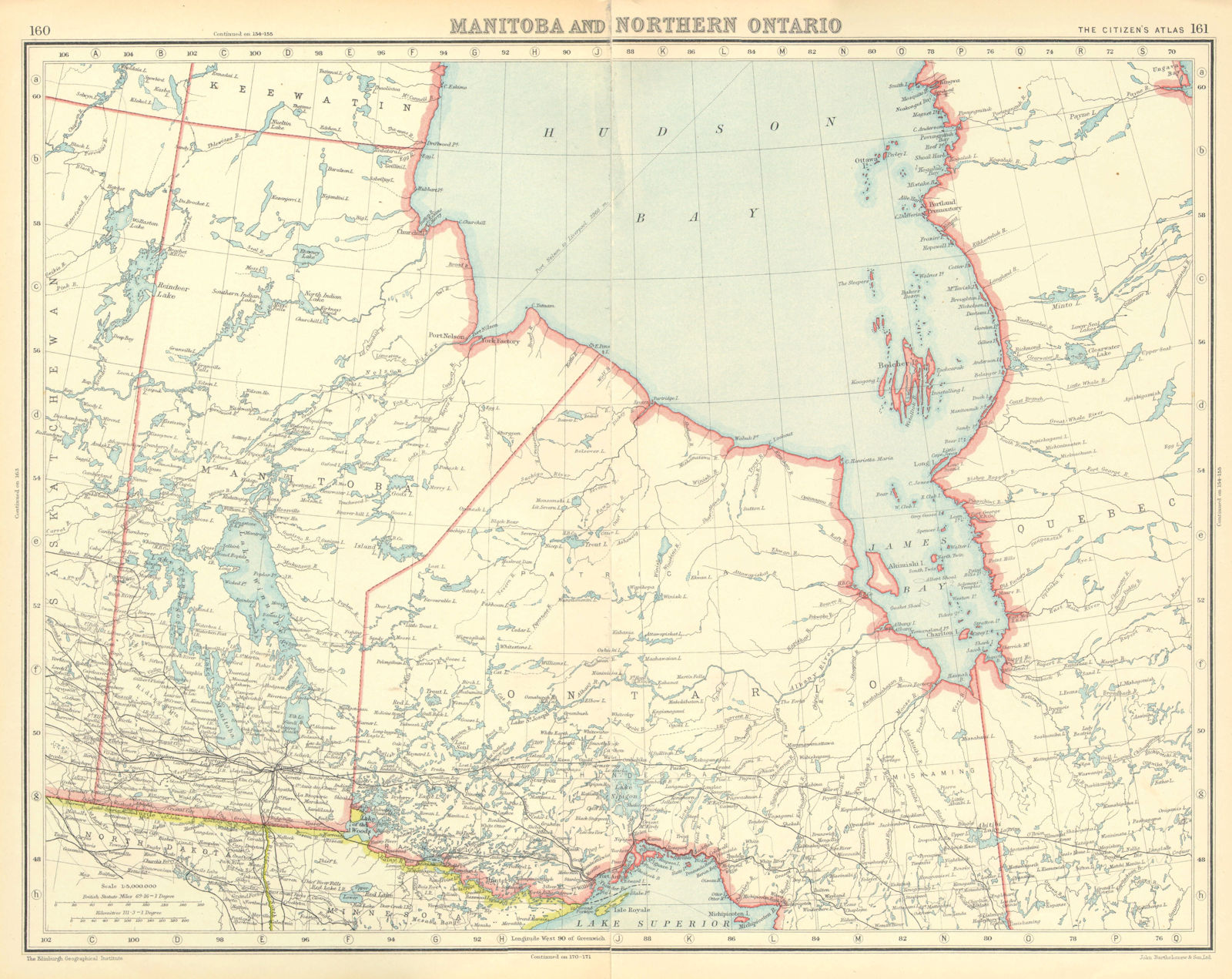 CANADA. Manitoba and Northern Ontario. Hudson Bay. BARTHOLOMEW 1924 old map