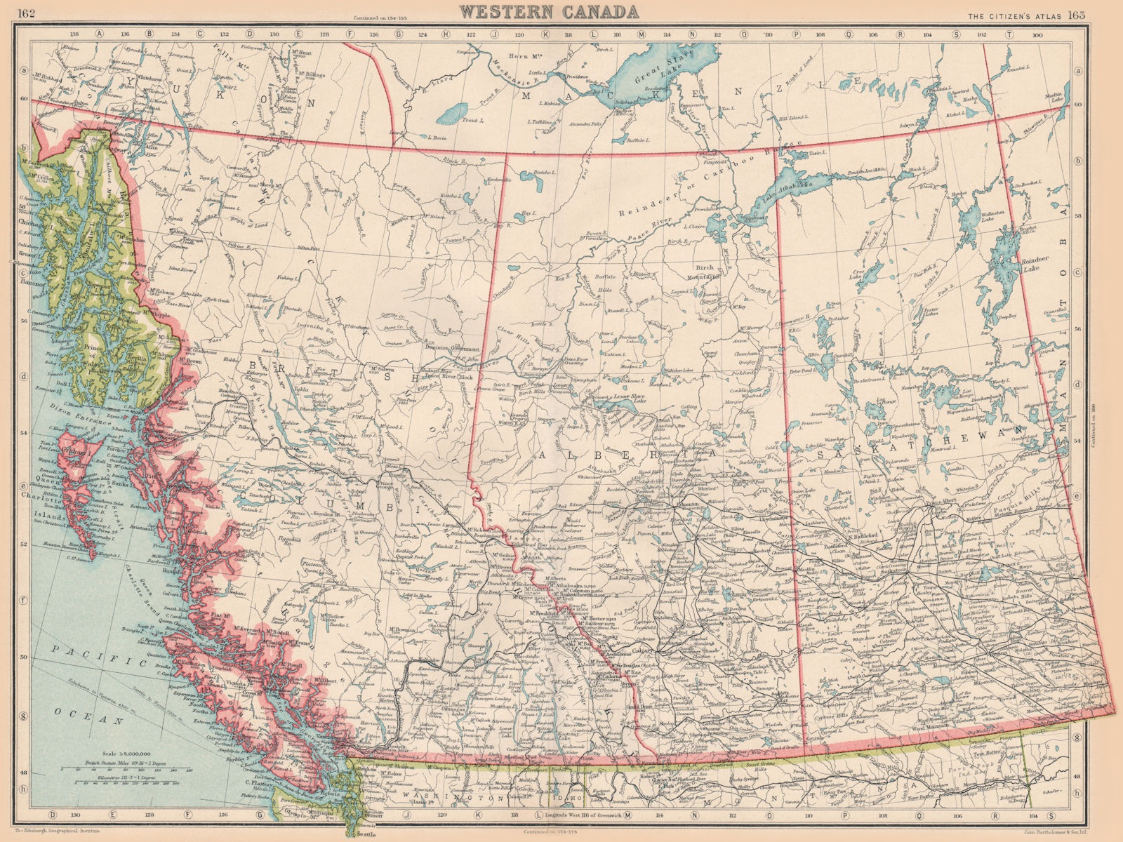 WESTERN CANADA. British Columbia Alberta Saskatchewan. BARTHOLOMEW 1924 map