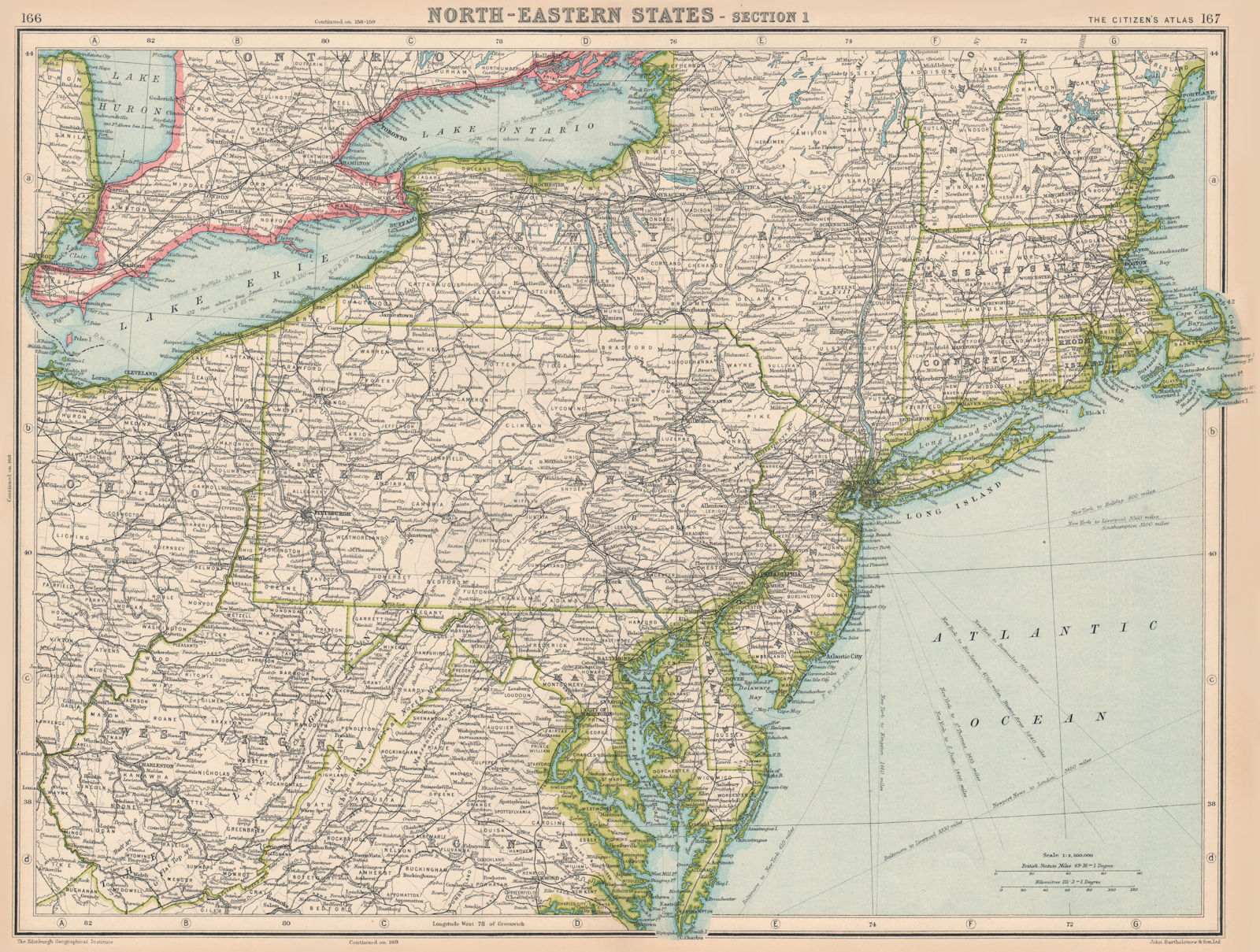 Associate Product USA. North-Eastern States. BARTHOLOMEW 1924 old vintage map plan chart