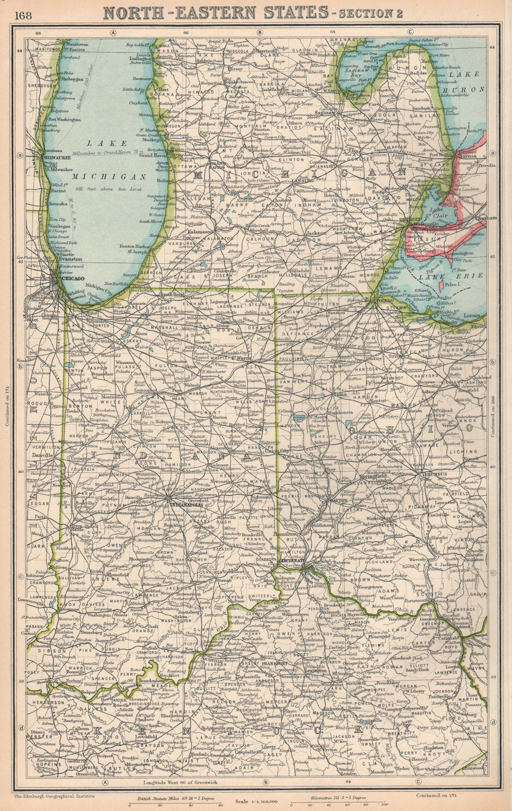 MIDWEST USA. Indiana Michigan Ohio. BARTHOLOMEW 1924 old vintage map chart