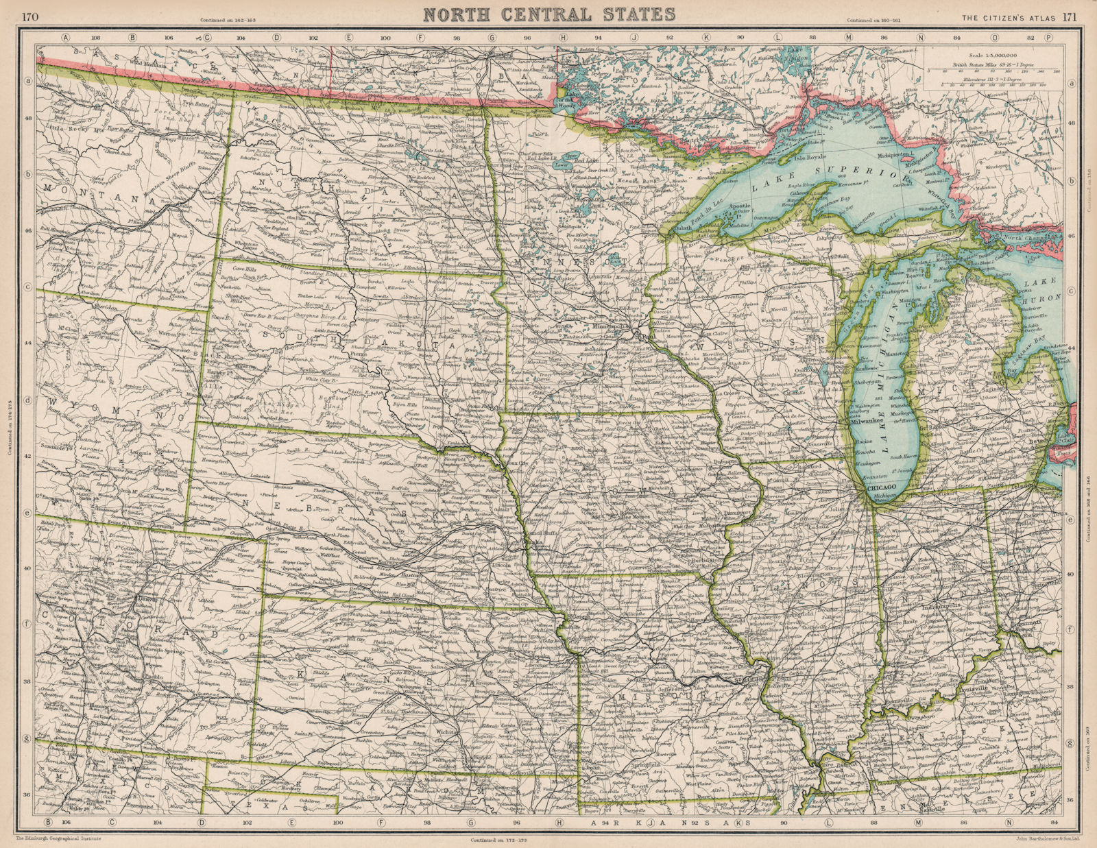 USA MIDWEST. ND SD MI WI Michigan Indiana Illinois Iowa MI NE Kansas 1924 map