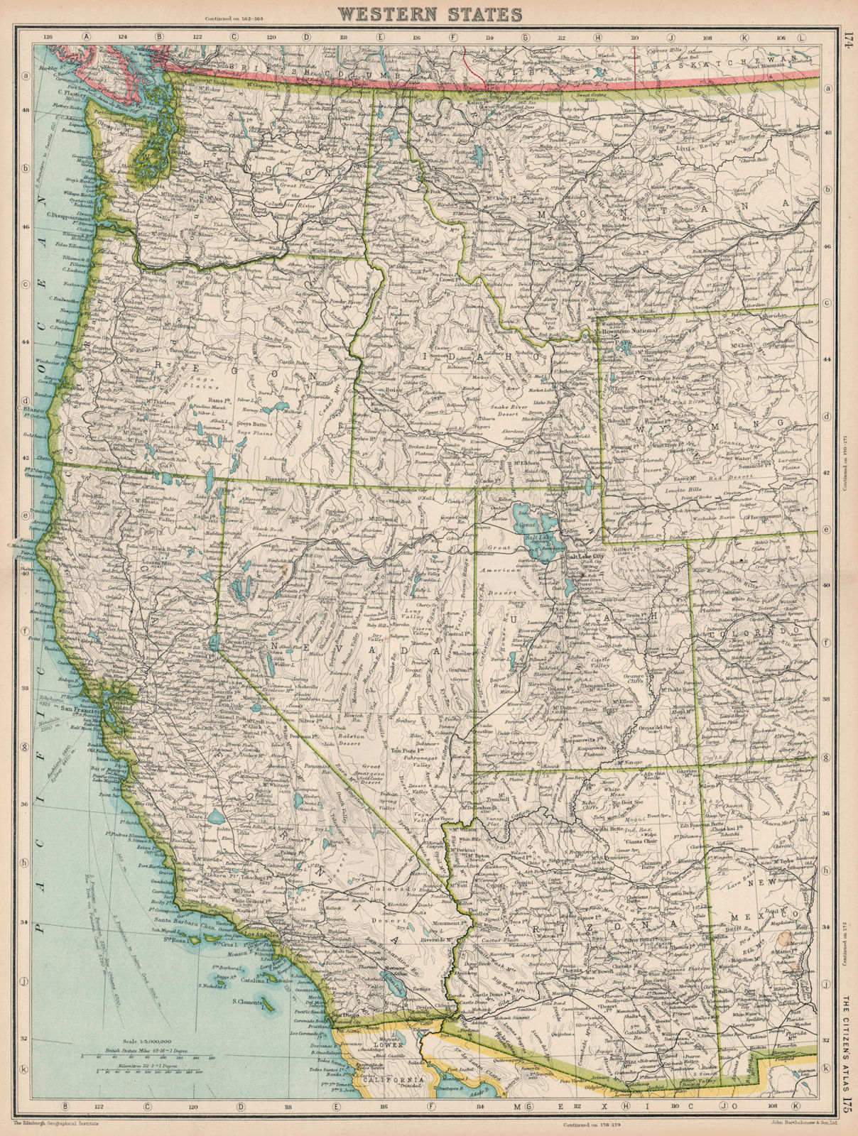 PACIFIC USA. Western States. BARTHOLOMEW 1924 old vintage map plan chart