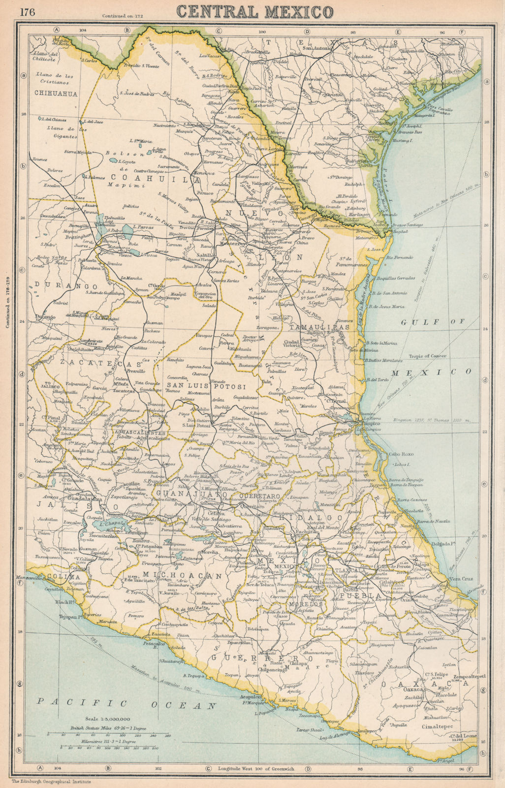MEXICO. Central Mexico showing states. BARTHOLOMEW 1924 old vintage map chart