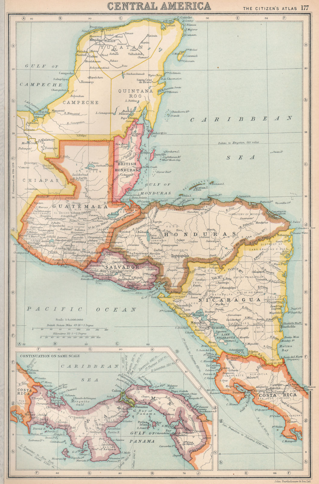 CENTRAL AMERICA. US Panama canal zone ownership shown. BARTHOLOMEW 1924 map