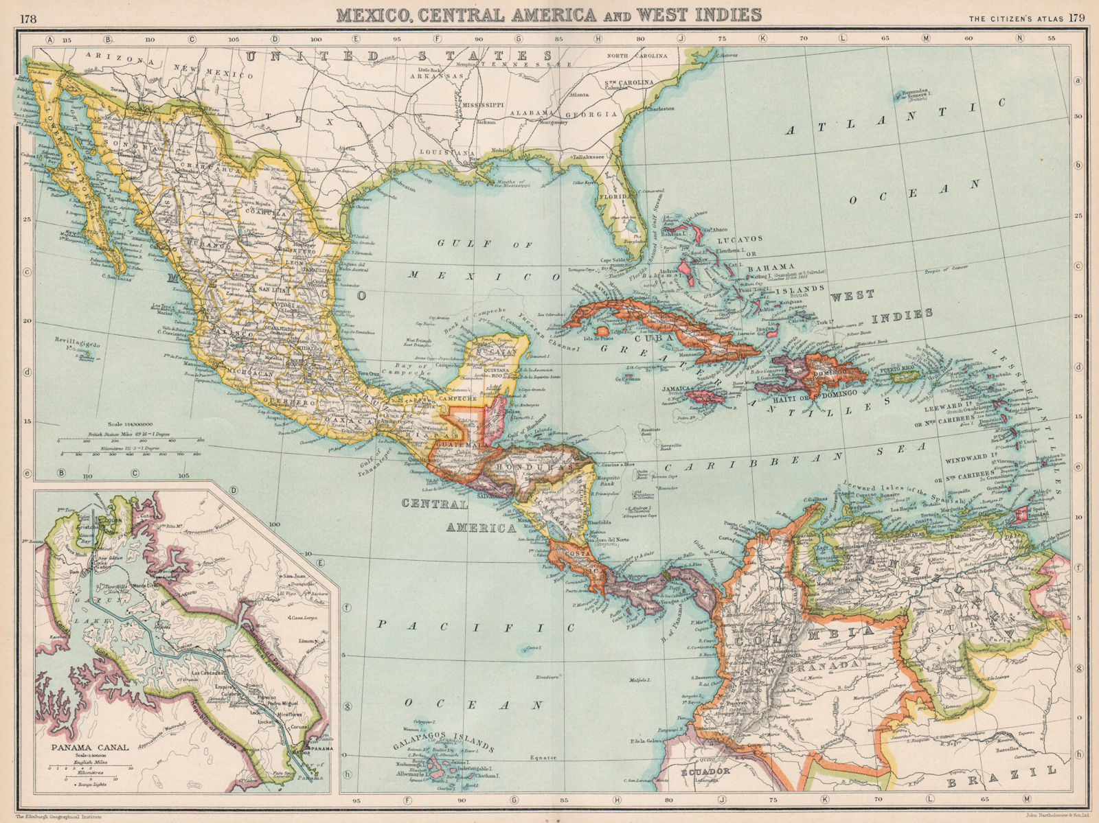 CENTRAL AMERICA. Gulf of Mexico Caribbean. Panama Canal. BARTHOLOMEW 1924 map