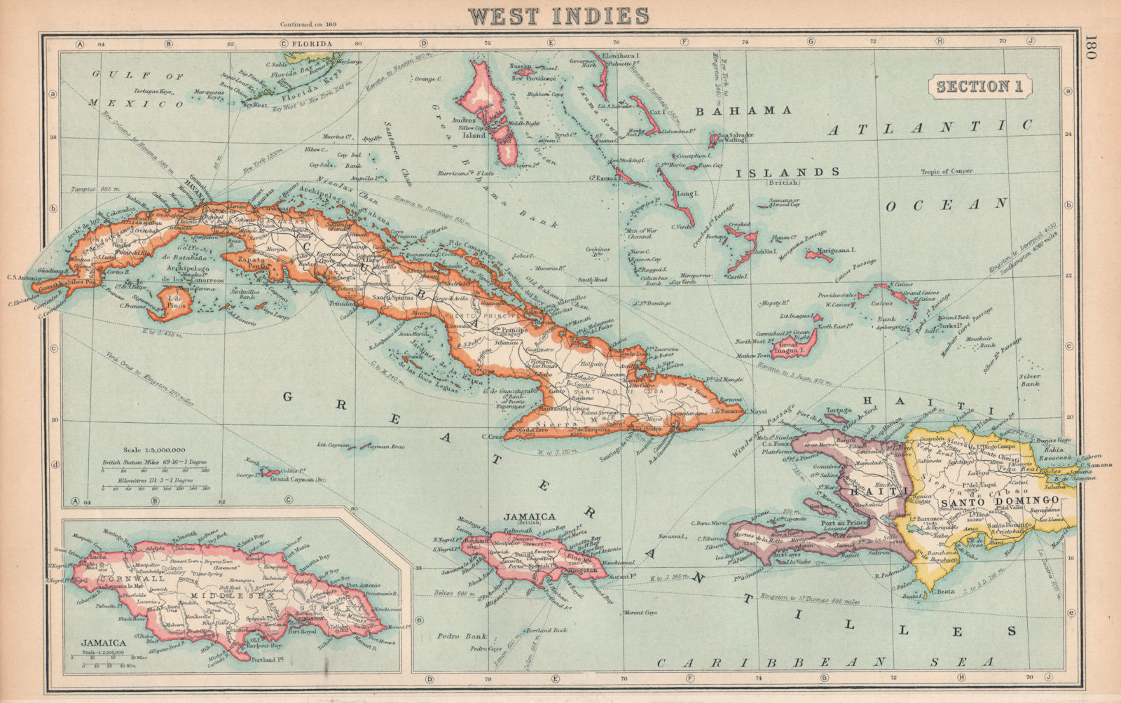 WEST INDIES. Cuba Jamaica Bahamas Hispaniola. BARTHOLOMEW 1924 old vintage map
