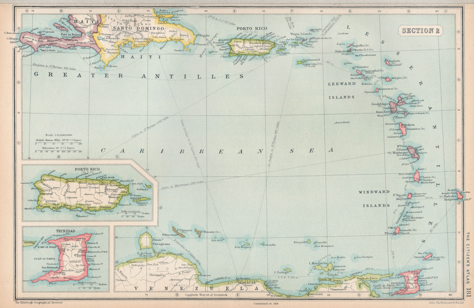 WEST INDIES. Caribbean Windward Leeward Islands Antilles. BARTHOLOMEW 1924 map