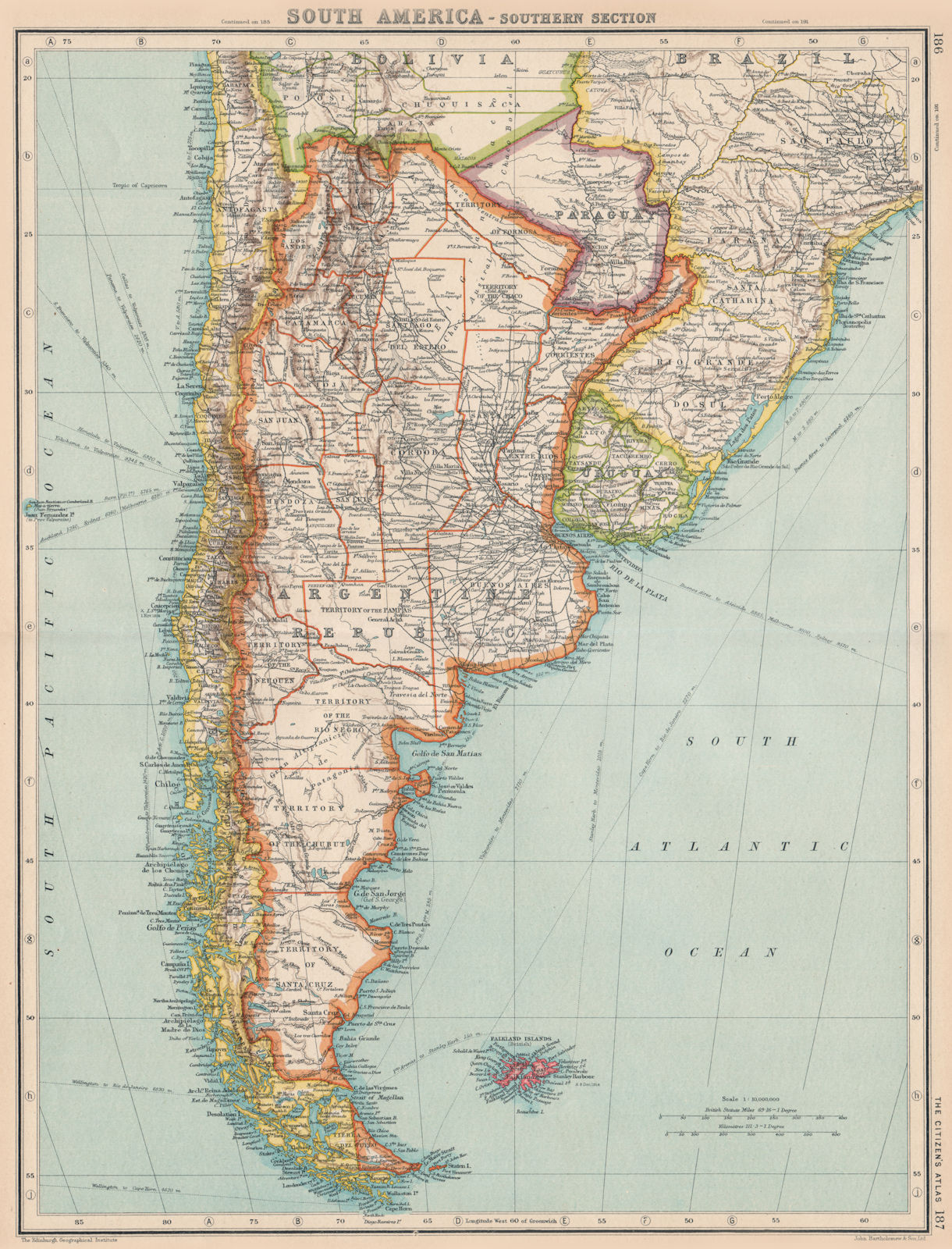ARGENTINA. + Paraguay Uruguay & Southern Chile. BARTHOLOMEW 1924 old map
