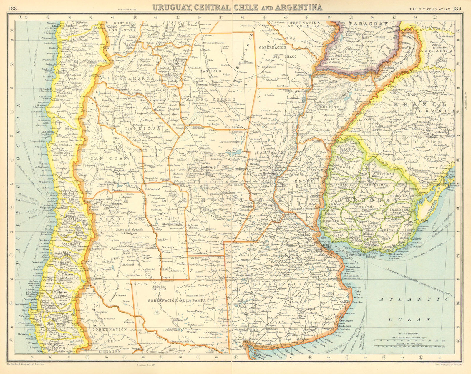SOUTH AMERICA. Uruguay, Central Chile and Argentina. BARTHOLOMEW 1924 old map