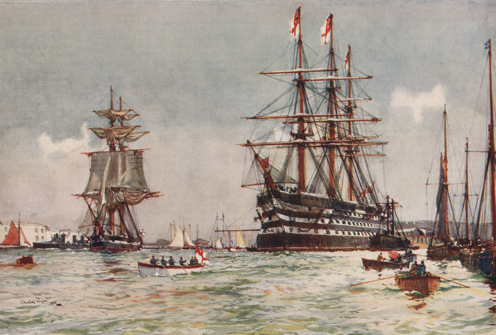 ROYAL NAVY. The "St. Vincent" Battleship in Portsmouth Harbour.  1901 print
