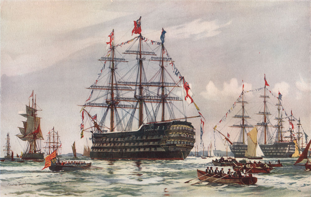 ROYAL NAVY. The "Queen" at the Spithead review of 1845. Battleship 1901 print