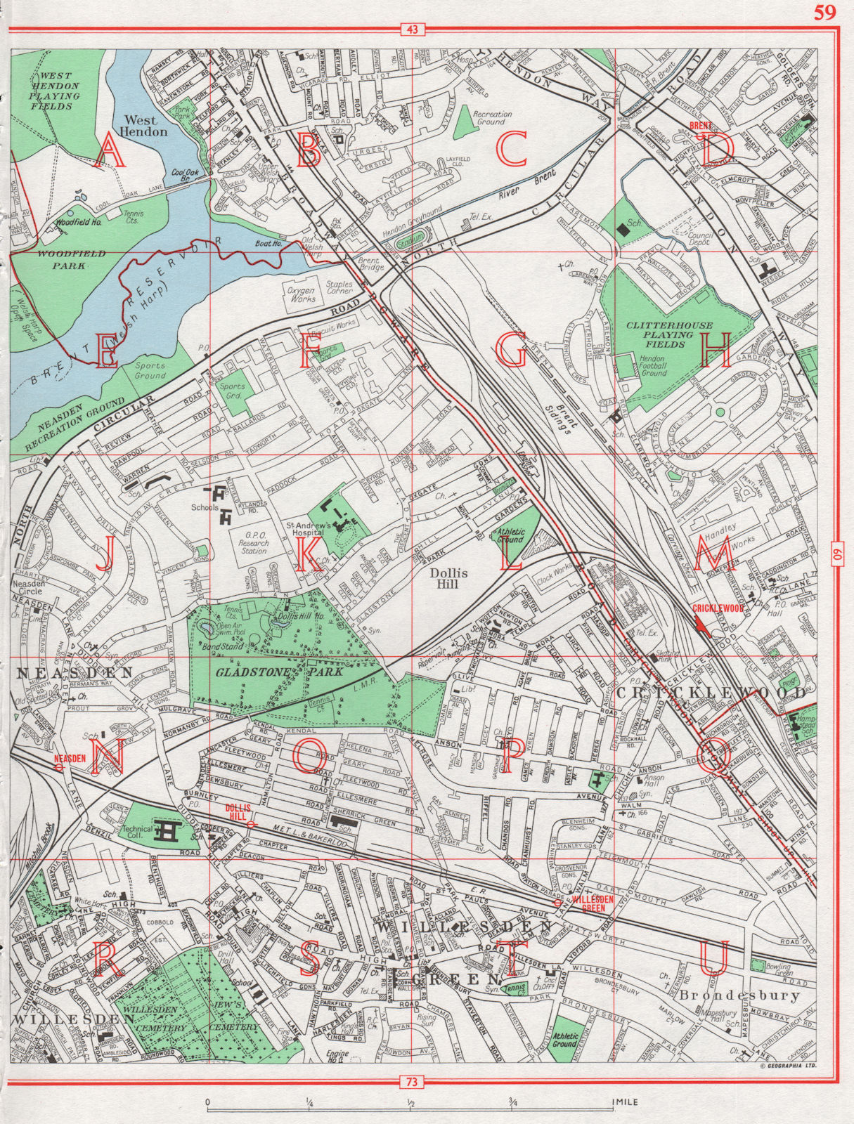 Associate Product BRENT. Cricklewood Willesden Green Neasden Dollis Hill Brondesbury 1964 map
