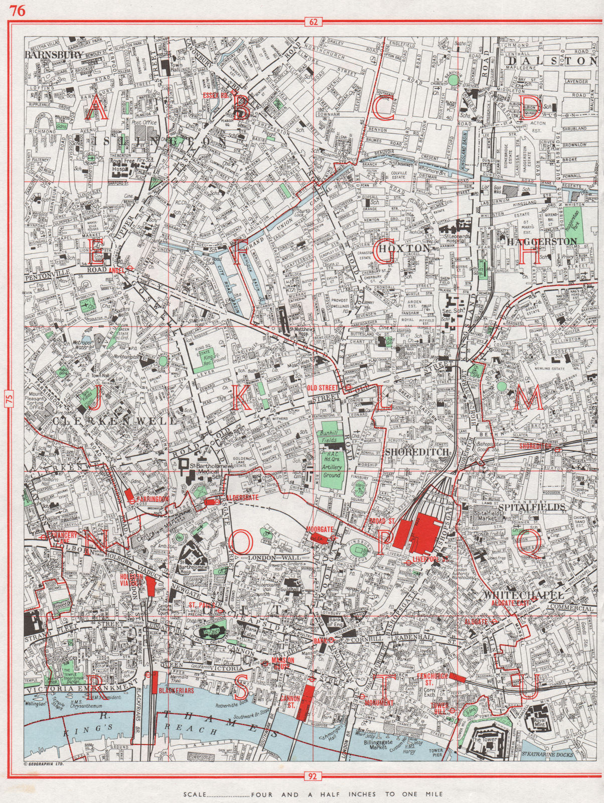 LONDON.City Islington Hoxton Dalston Clerkenwell Shoreditch Whitechapel 1964 map