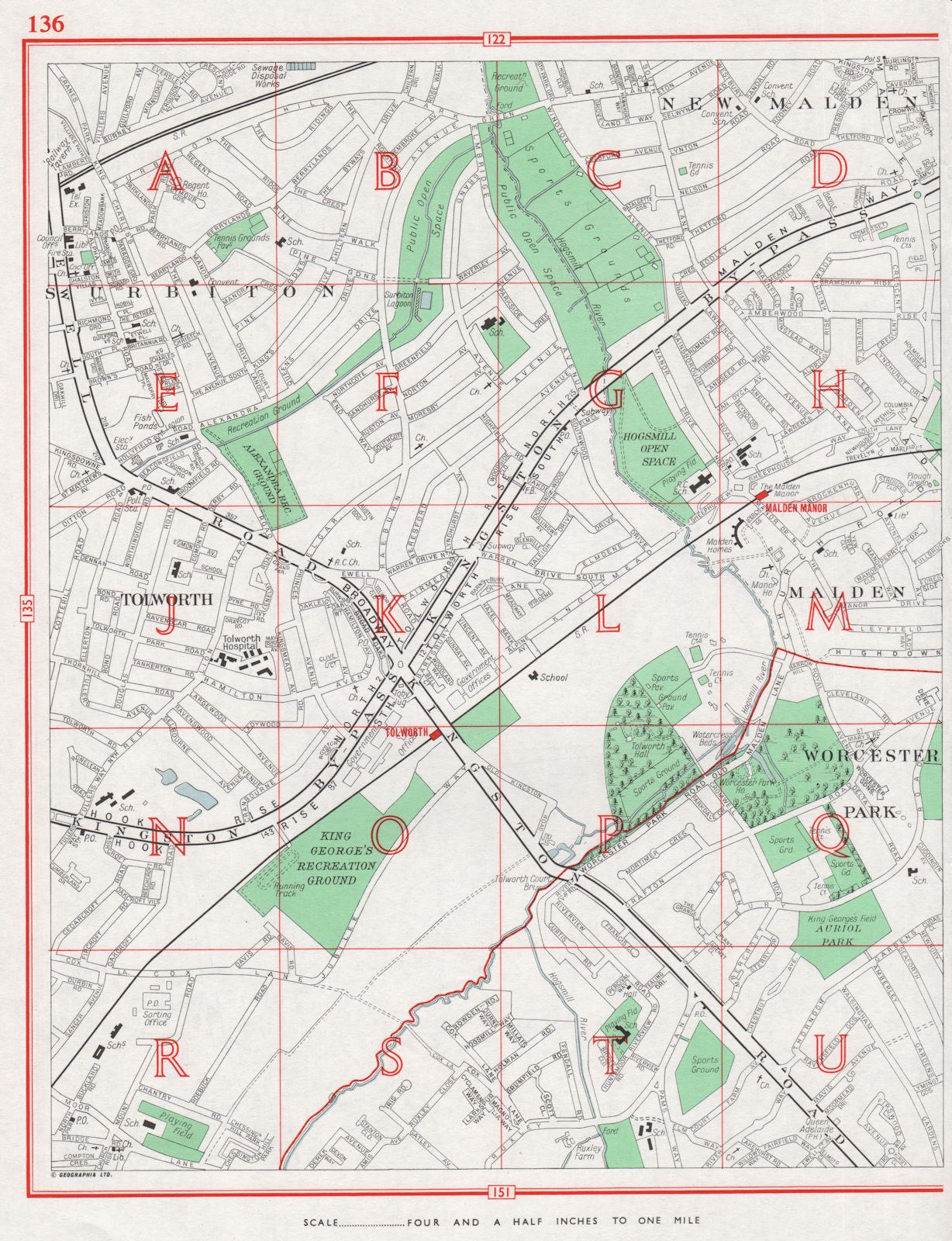 Associate Product SURBITON. New Malden Tolworth Malden Worcester Park 1964 old vintage map chart