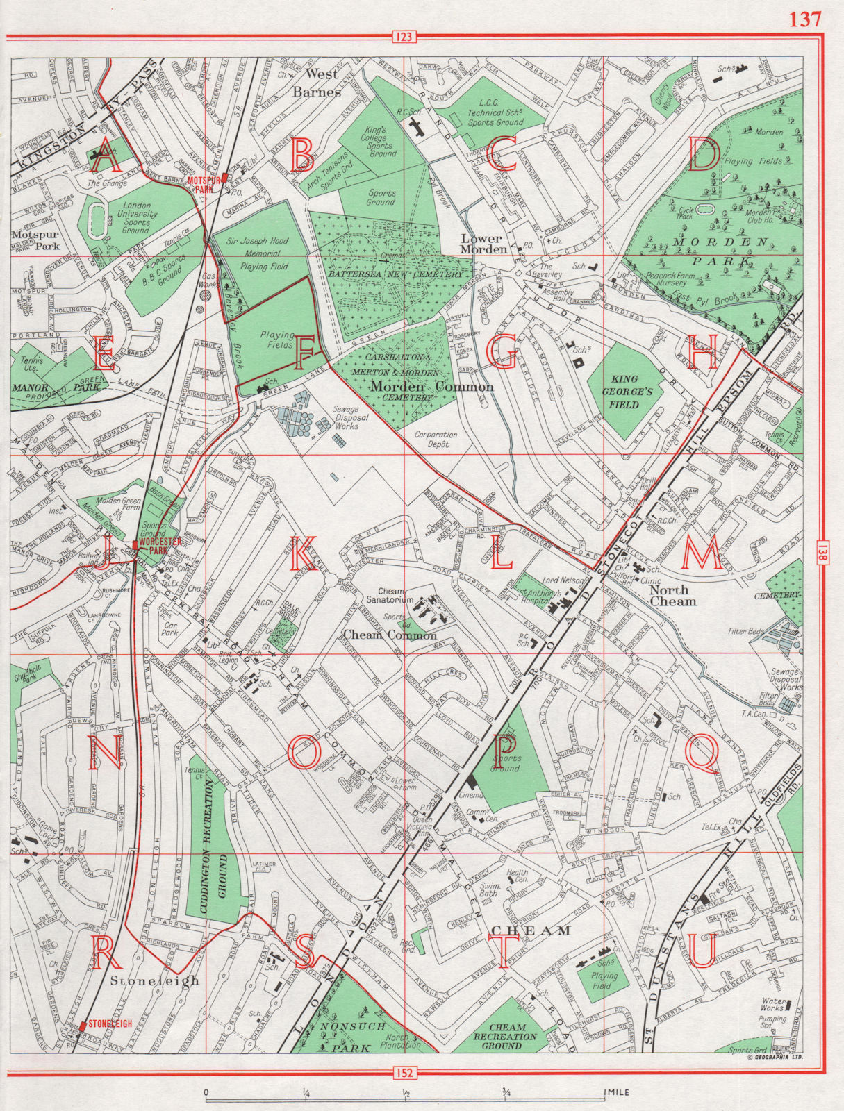 Associate Product LONDON. West Barnes Lower Morden Common North Cheam Worcester Park 1964 map