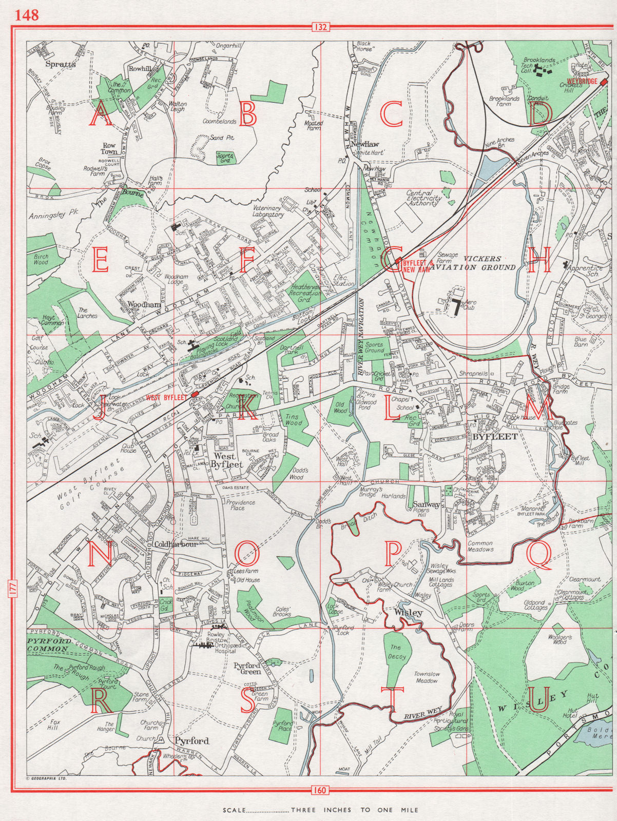 BYFLEET. Woodham Pyrford Vickers Aviation Brooklands. Pre-M25. Surrey 1964 map