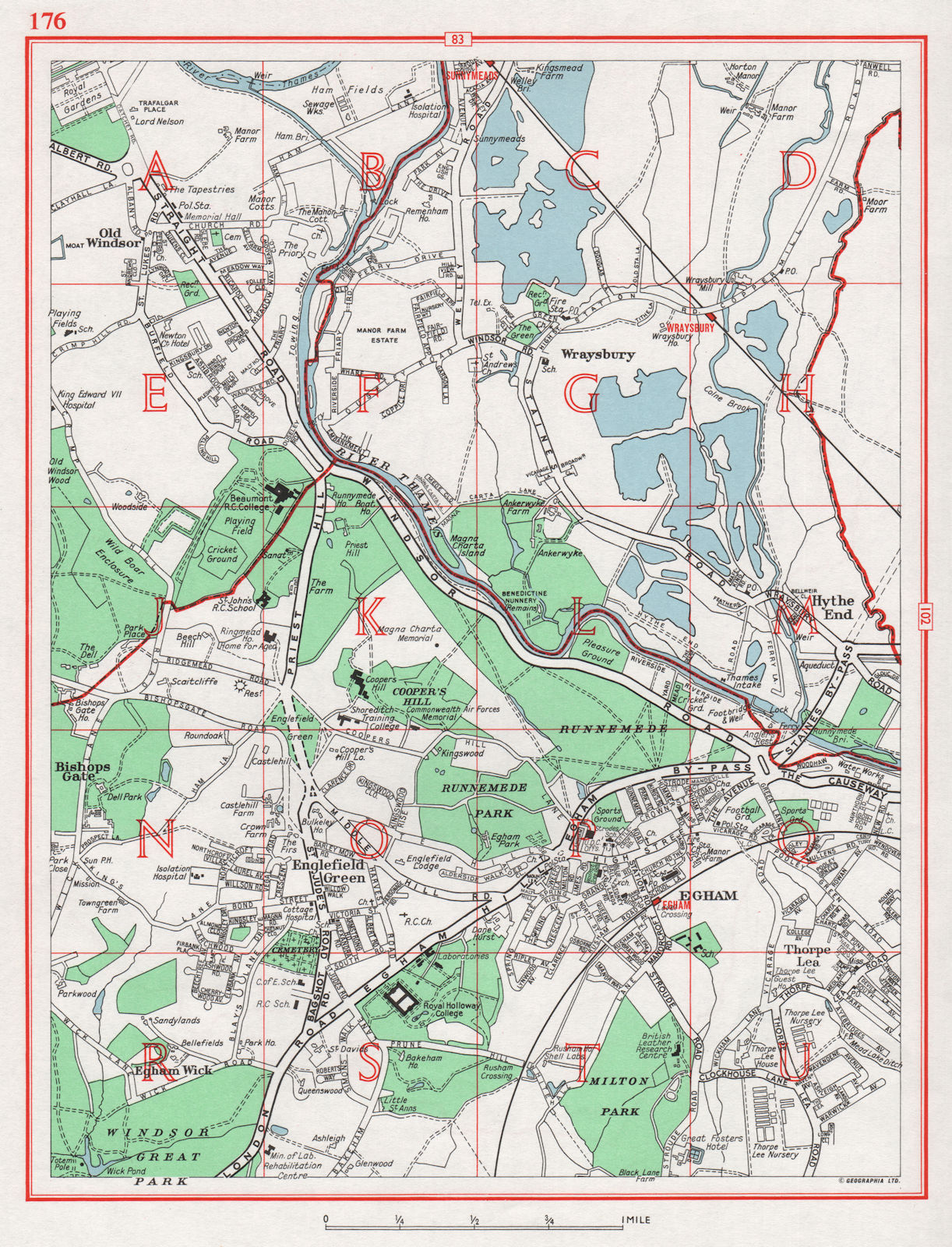 EGHAM.Old Windsor Wraysbury Hythe End Englefield Green Runnymede.Surrey 1964 map