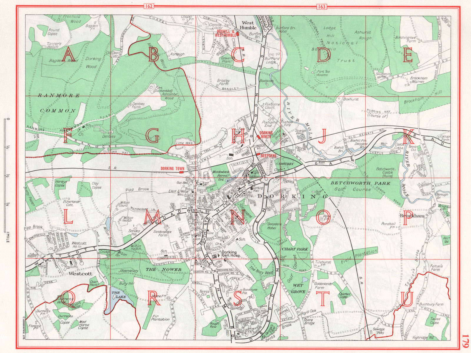 DORKING. Westhumble Westcott Brockham Box Hill. Surrey 1964 old vintage map