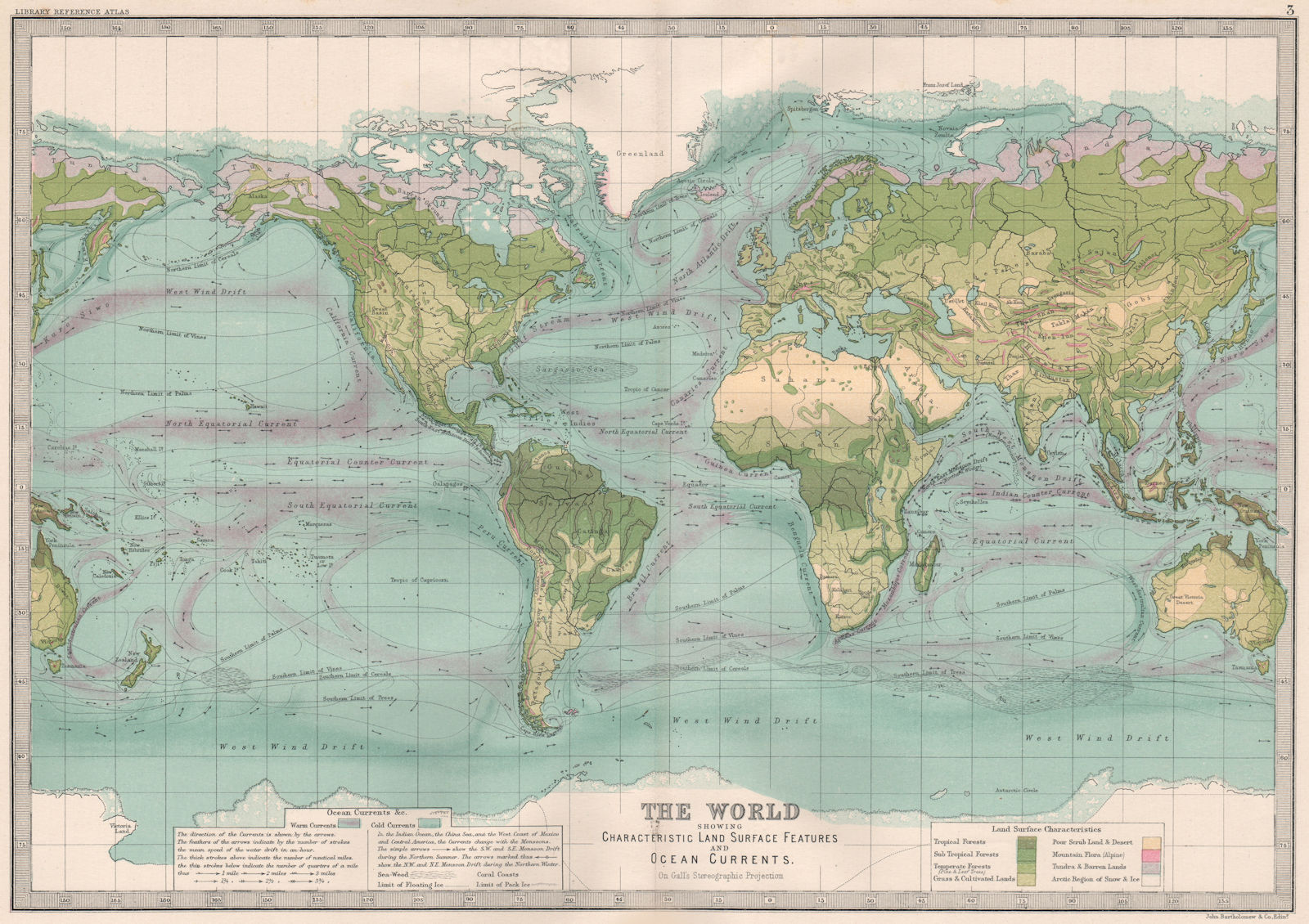 Associate Product WORLD. Land surface features and Ocean currents. BARTHOLOMEW 1890 old map