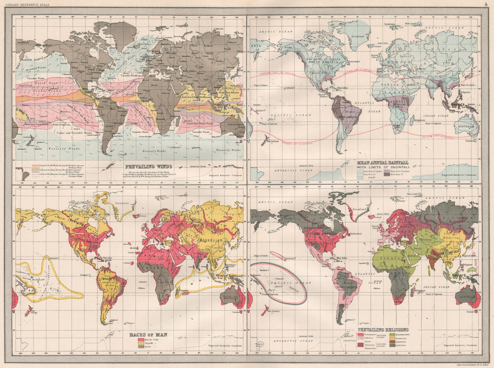 Associate Product WORLD. Prevailing Winds Rainfall Snowfall limit Races Religions 1890 old map