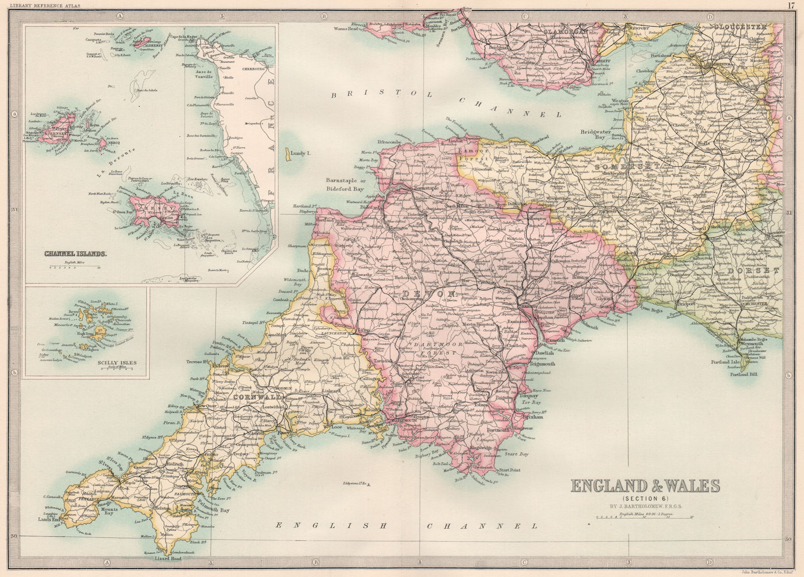 Associate Product SOUTH WEST ENGLAND.Devon Cornwall Somerset.Channel Islands.BARTHOLOMEW 1890 map