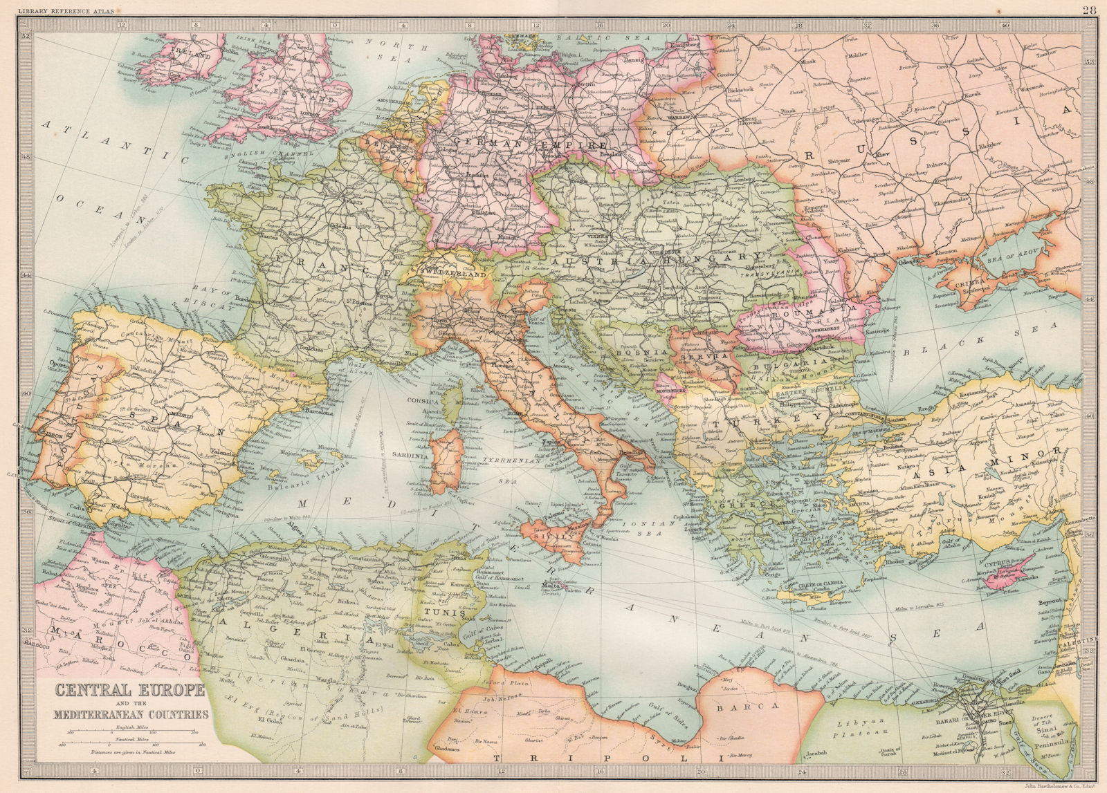 EUROPE. Central Europe and The Mediterranean Countries. BARTHOLOMEW 1890 map