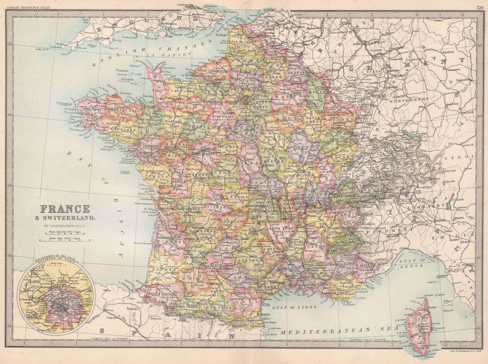 FRANCE & SWITZERLAND. without Alsace Lorraine. BARTHOLOMEW 1890 old map