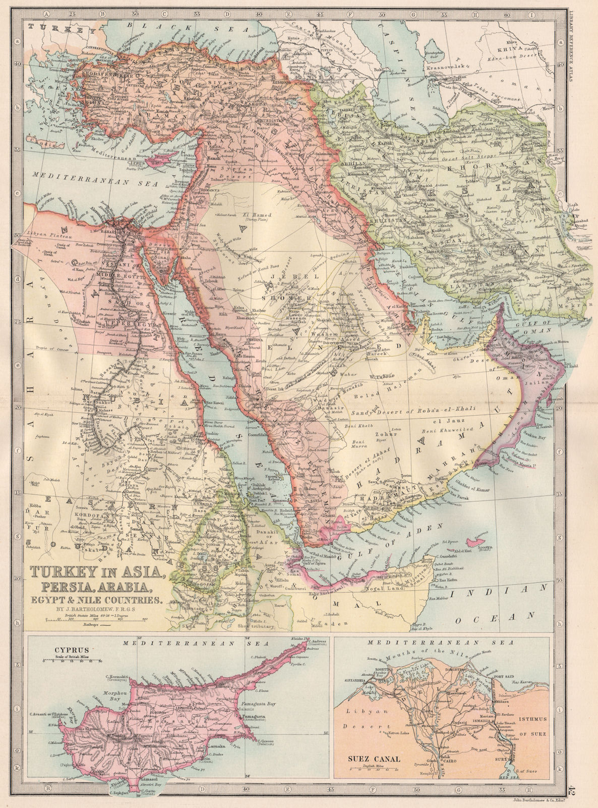 MIDDLE EAST. Turkey Asia Persia (Iran) Arabia Egypt Cyprus. Suez Canal 1890 map