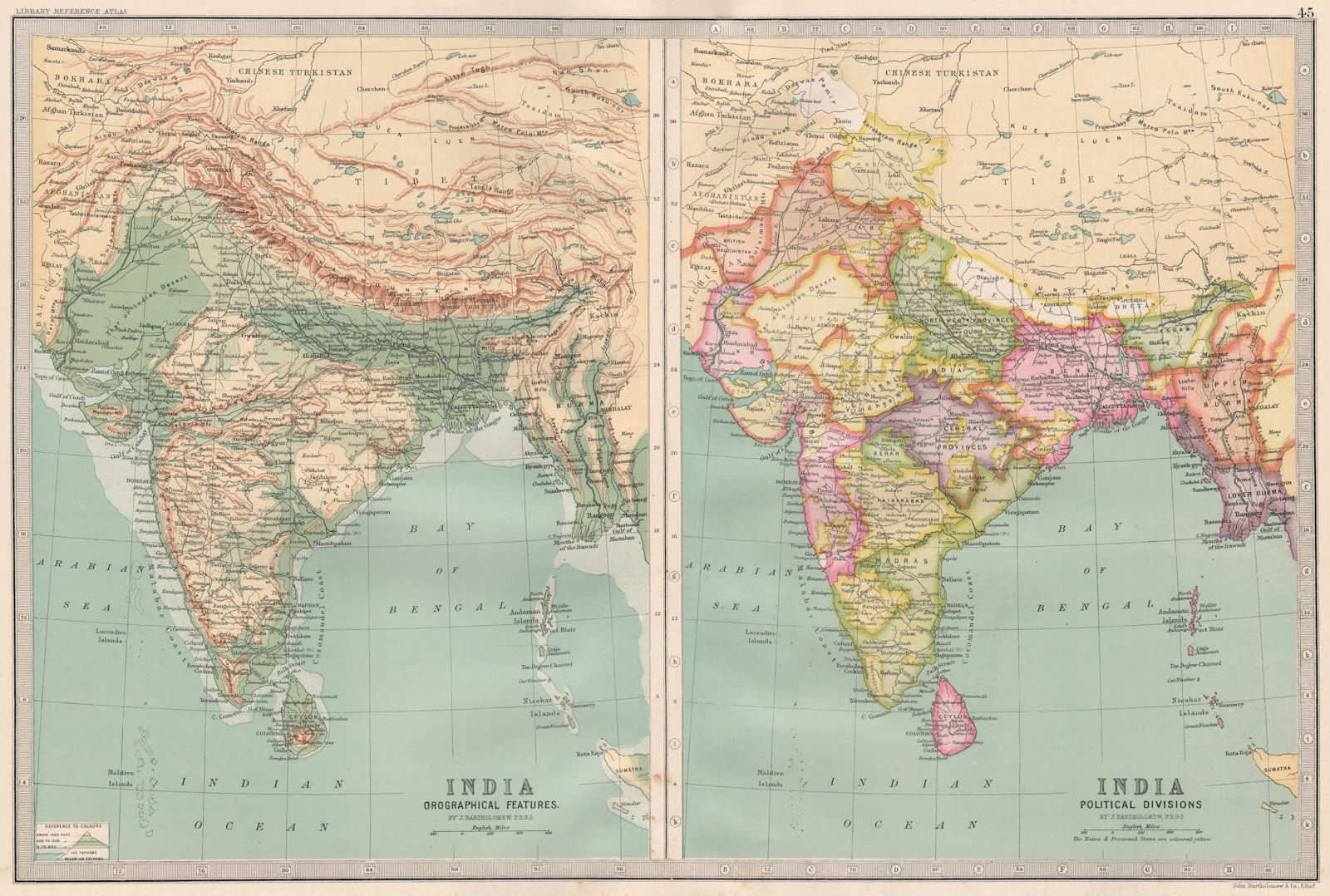 BRITISH INDIA. Relief & Political divisions. BARTHOLOMEW 1890 old antique map