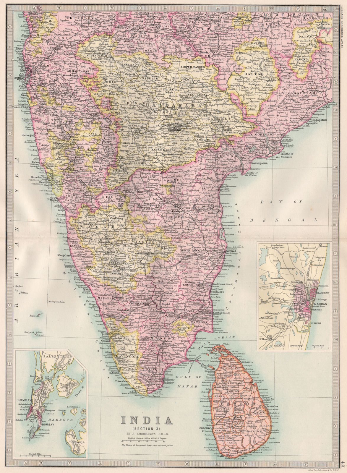 Associate Product BRITISH INDIA-SOUTH.Ceylon(Sri Lanka).Bombay(Mumbai);Madras(Chennai) 1890 map
