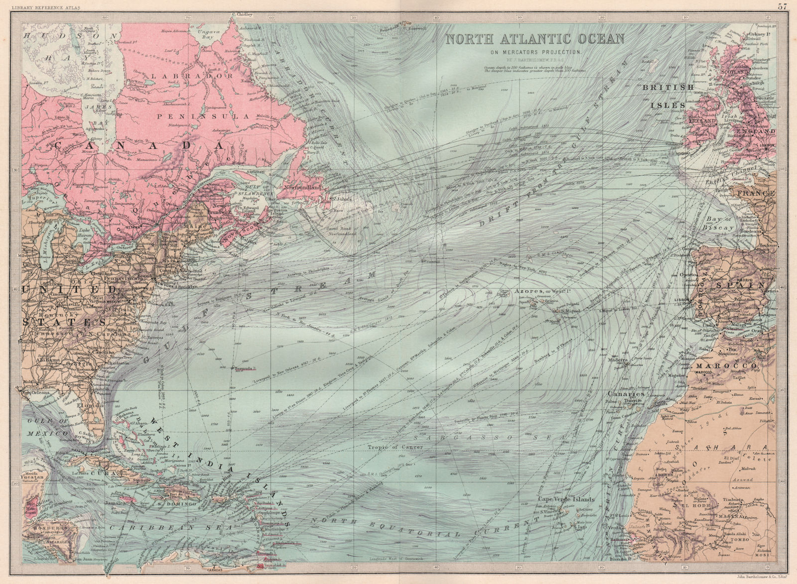 NORTH ATLANTIC. showing shipping routes Telegraph cables ocean currents 1890 map