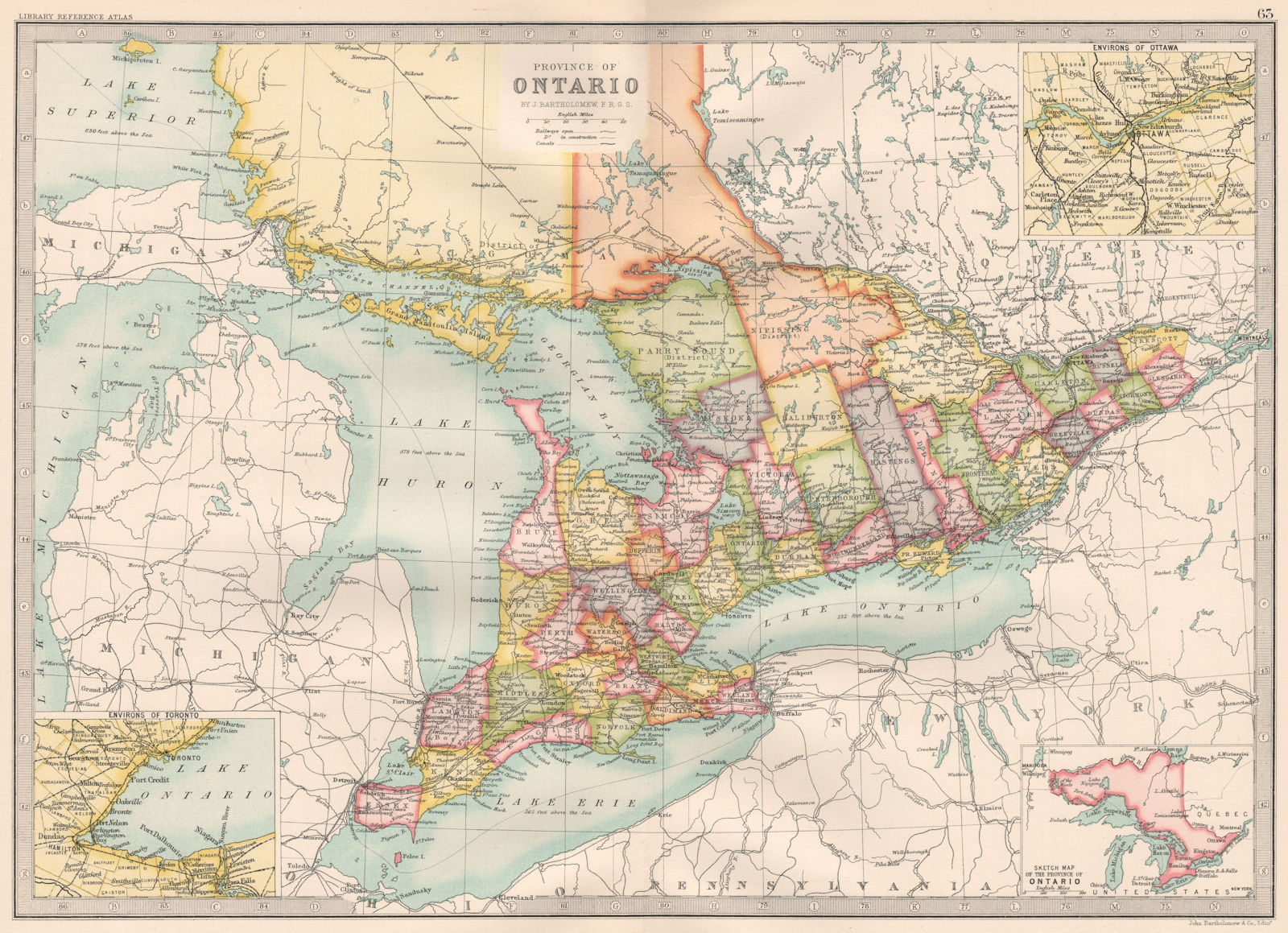Associate Product ONTARIO. showing counties. BARTHOLOMEW 1890 old antique vintage map plan chart