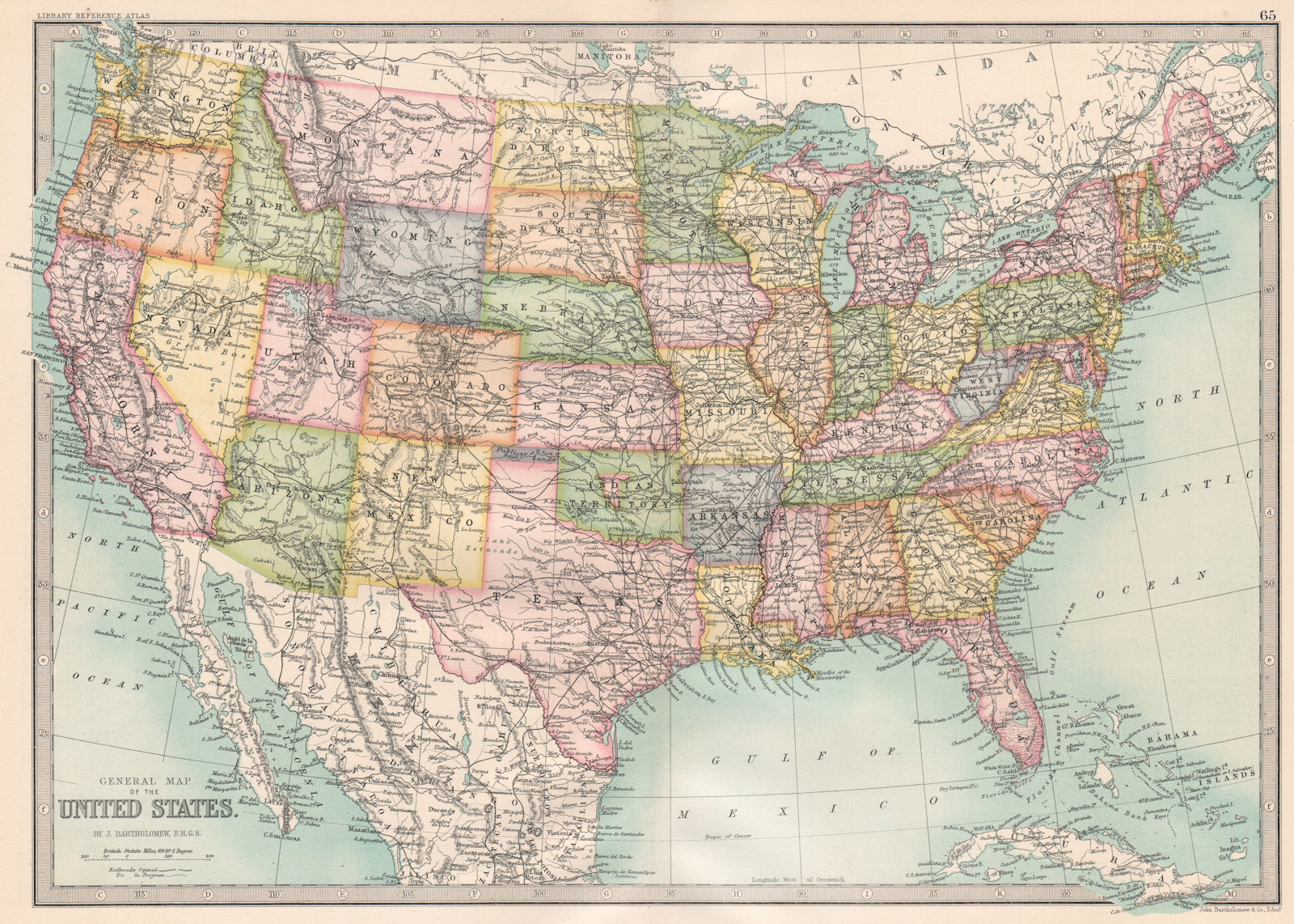 USA. General Map of the United States. BARTHOLOMEW 1890 old antique chart