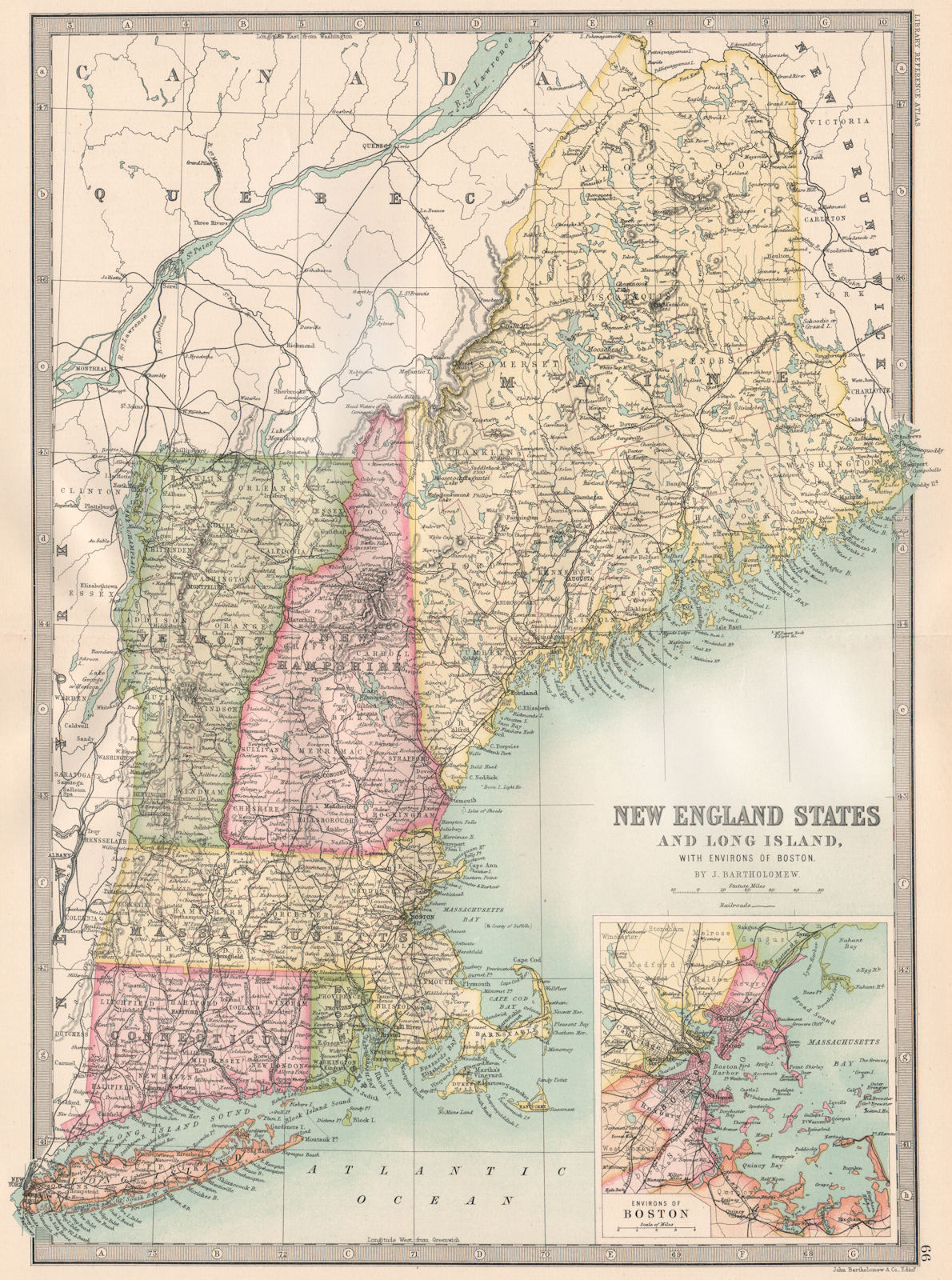 New England And Long Island. Inset, Map Of Boston Harbour. Bartholomew 1890