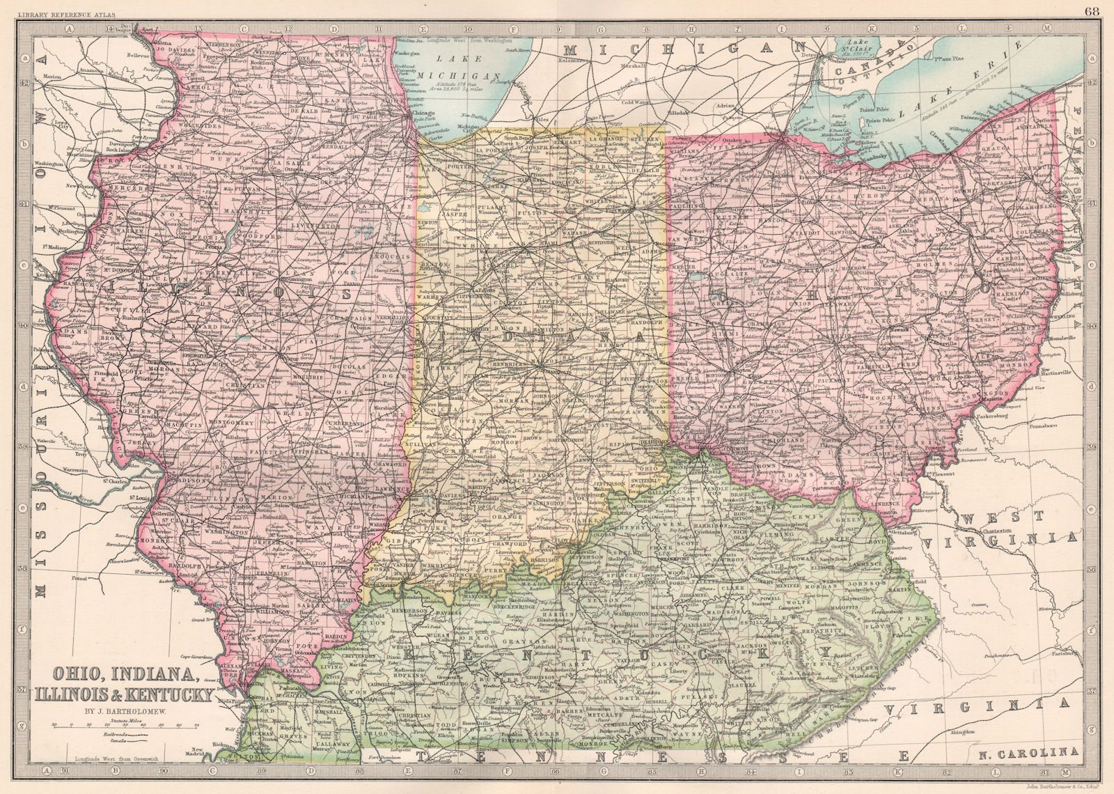MIDWESTERN USA. Ohio, Indiana, Illinois & Kentucky. BARTHOLOMEW 1890 old map