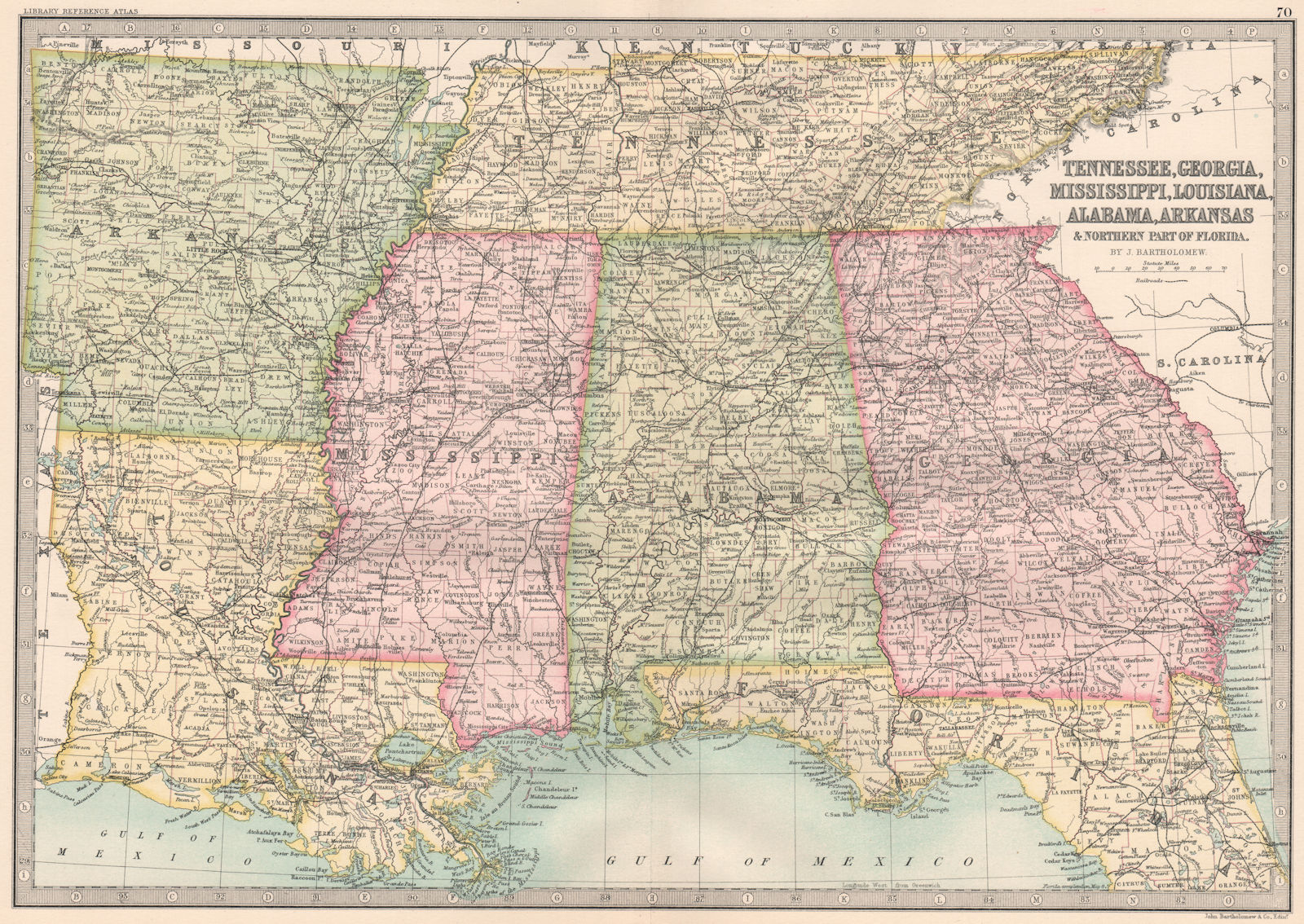 USA DEEP SOUTH.TN Georgia Mississippi Louisiana AL AR Florida panhandle 1890 map
