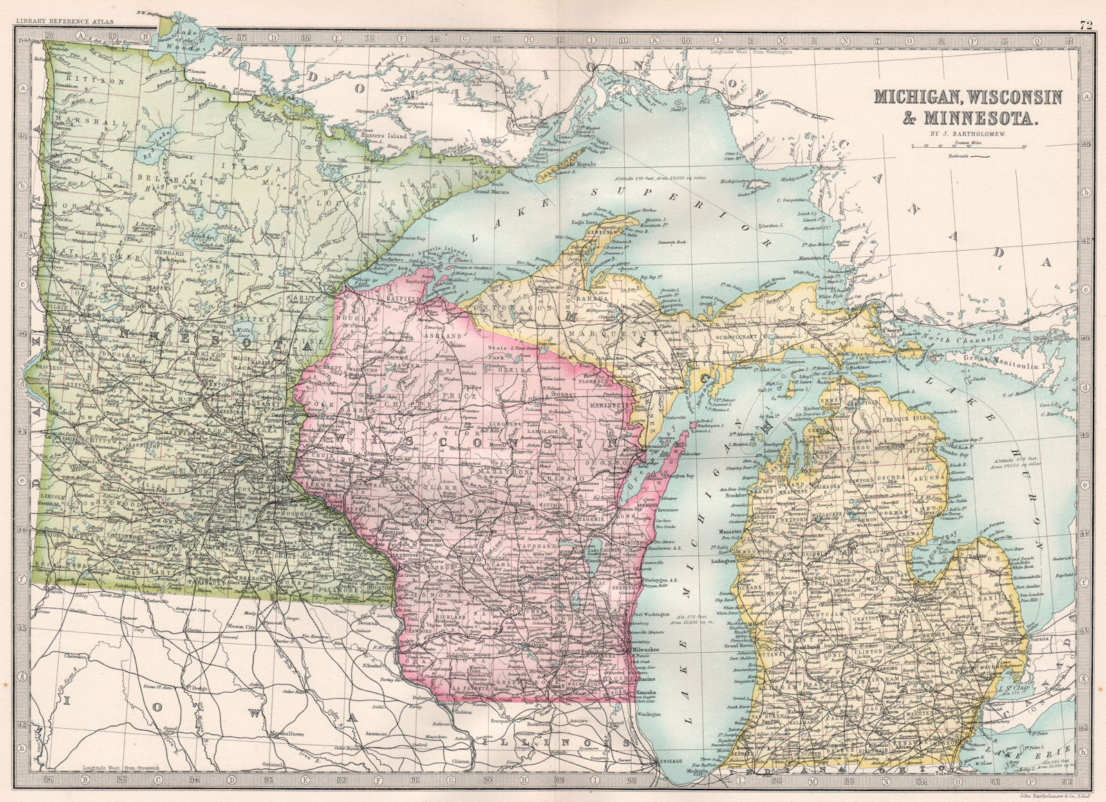 Associate Product MIDWESTERN USA. Michigan, Wisconsin & Minnesota. BARTHOLOMEW 1890 old map