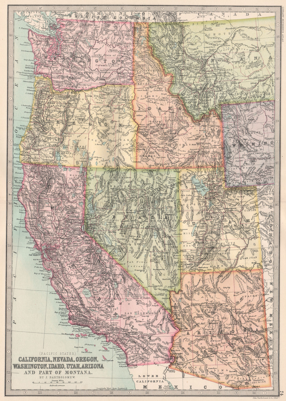 USA PACIFIC STATES.California Nevada Oregon Washington Idaho UT Arizona 1890 map