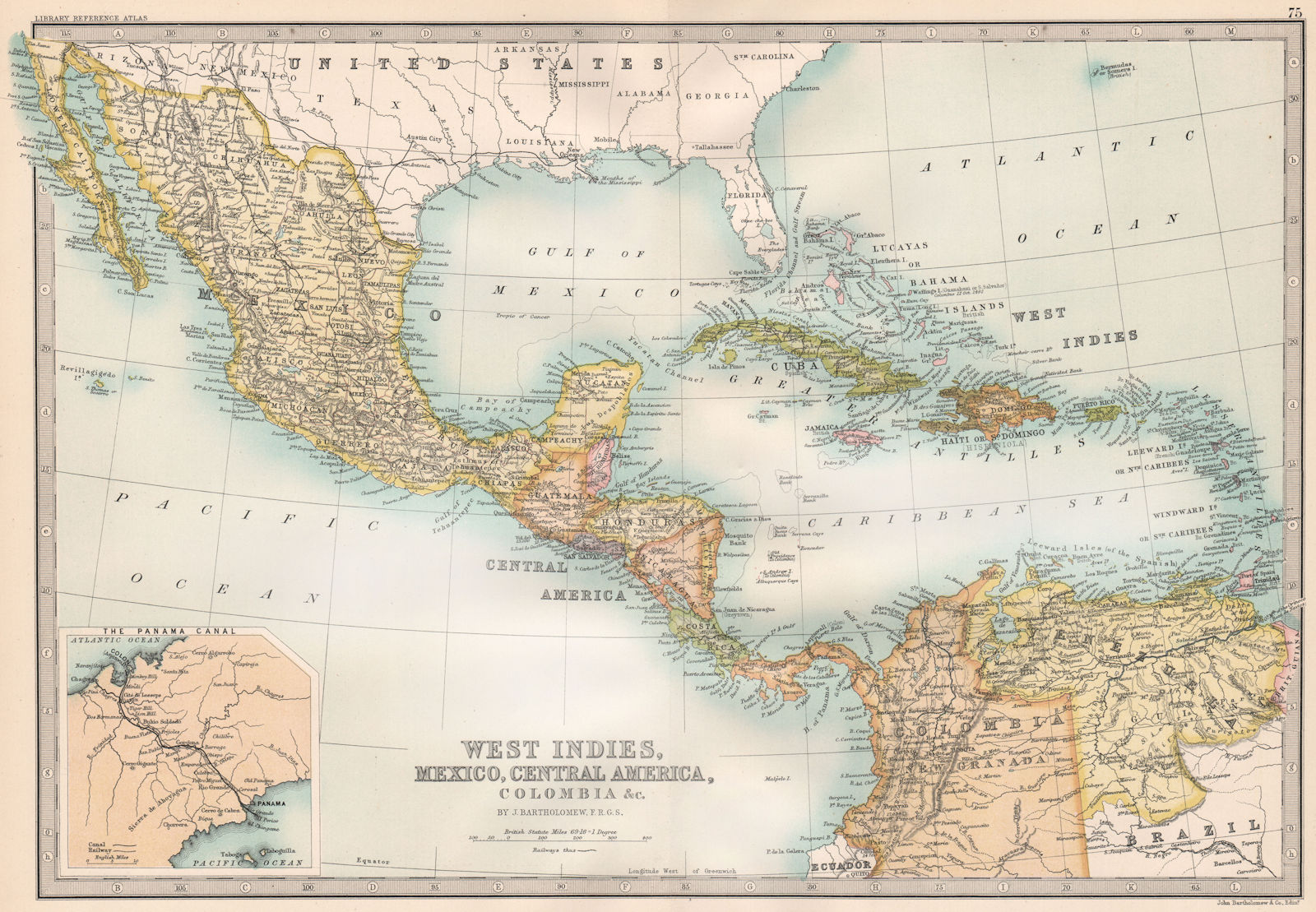 Associate Product CENTRAL AMERICA & CARIBBEAN. West Indies Mexico &c. Inset Panama Canal 1890 map