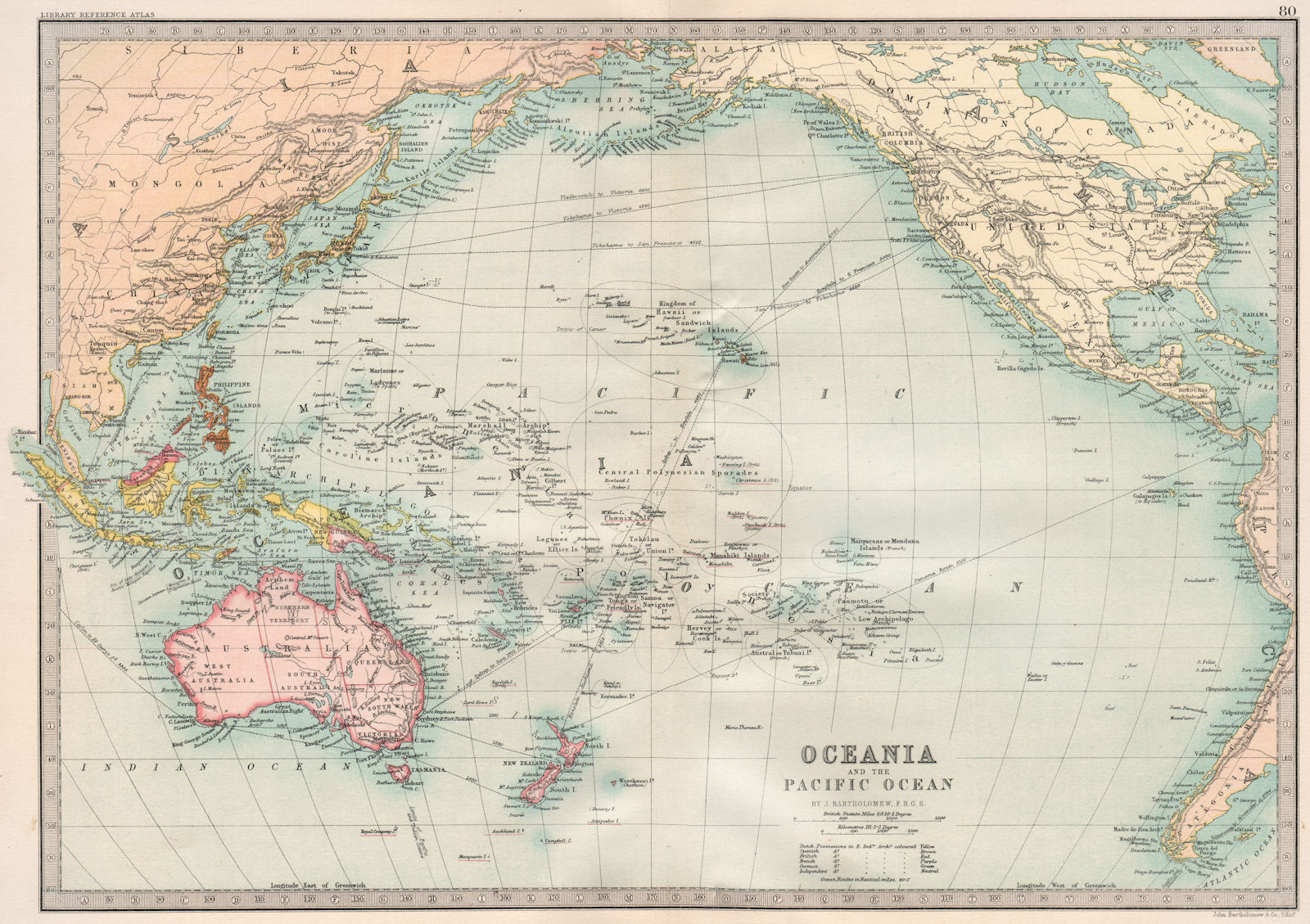AUSTRALASIA. Oceania and the Pacific Ocean. BARTHOLOMEW 1890 old antique map