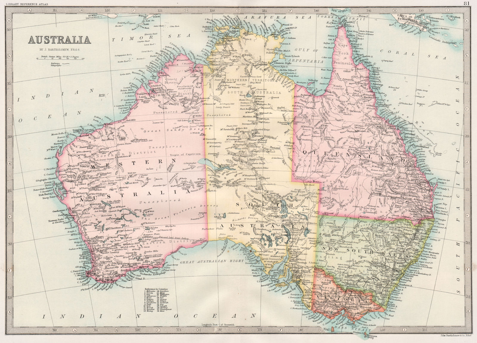 AUSTRALIA. showing explorers' routes. BARTHOLOMEW 1890 old antique map chart