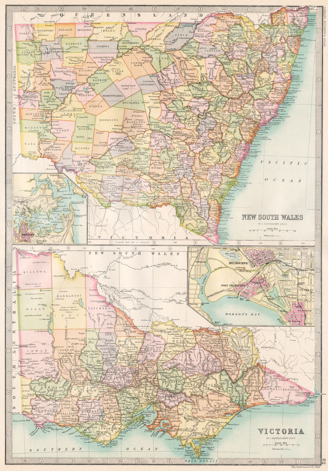 AUSTRALIA. New South Wales; Victoria; inset Melbourne. BARTHOLOMEW 1890 map