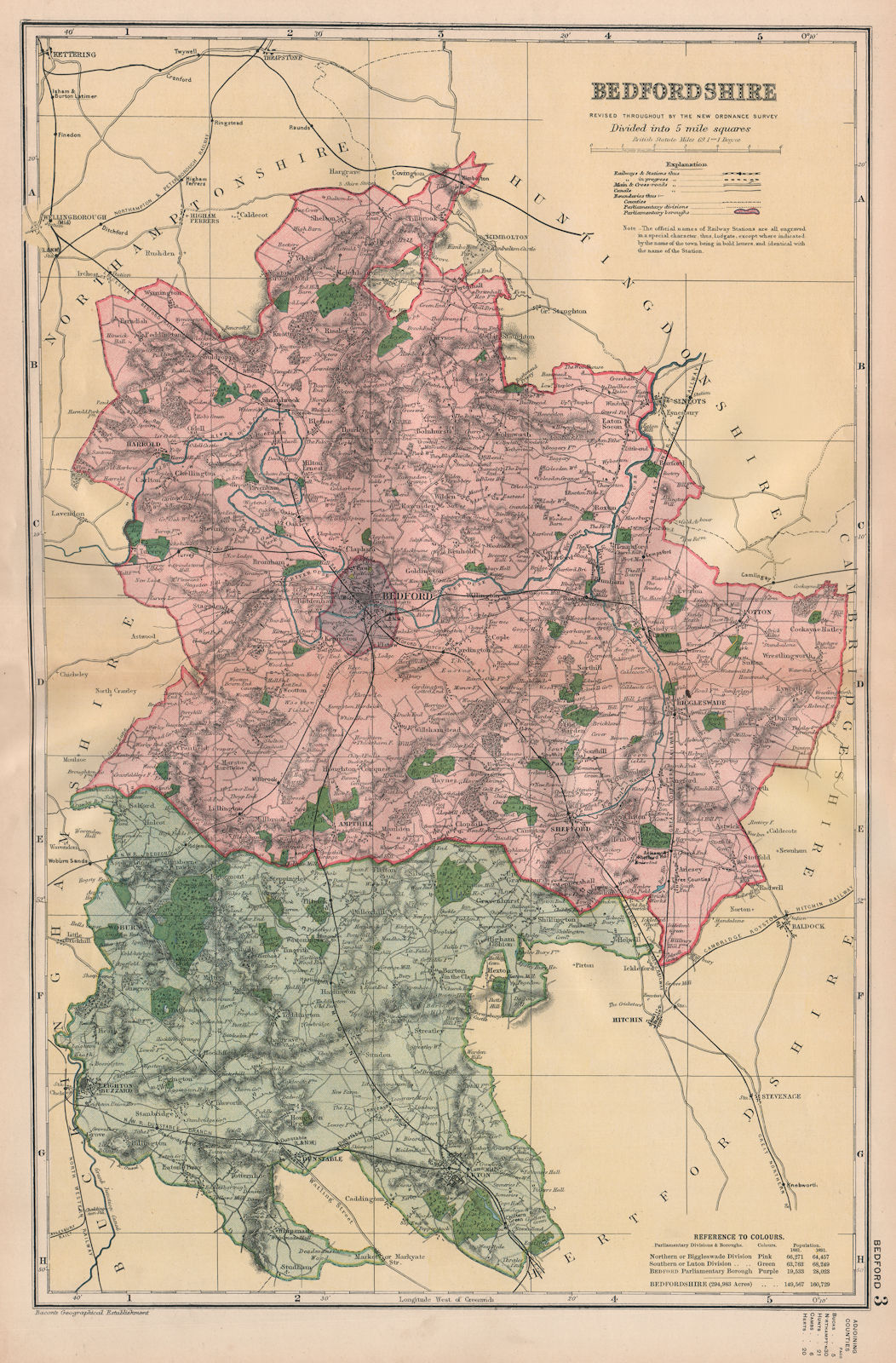 BEDFORDSHIRE. Showing Parliamentary divisions, boroughs & parks. BACON 1896 map