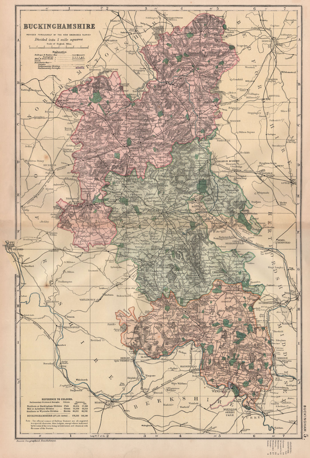 BUCKINGHAMSHIRE.Showing Parliamentary divisions,boroughs & parks.BACON 1896 map