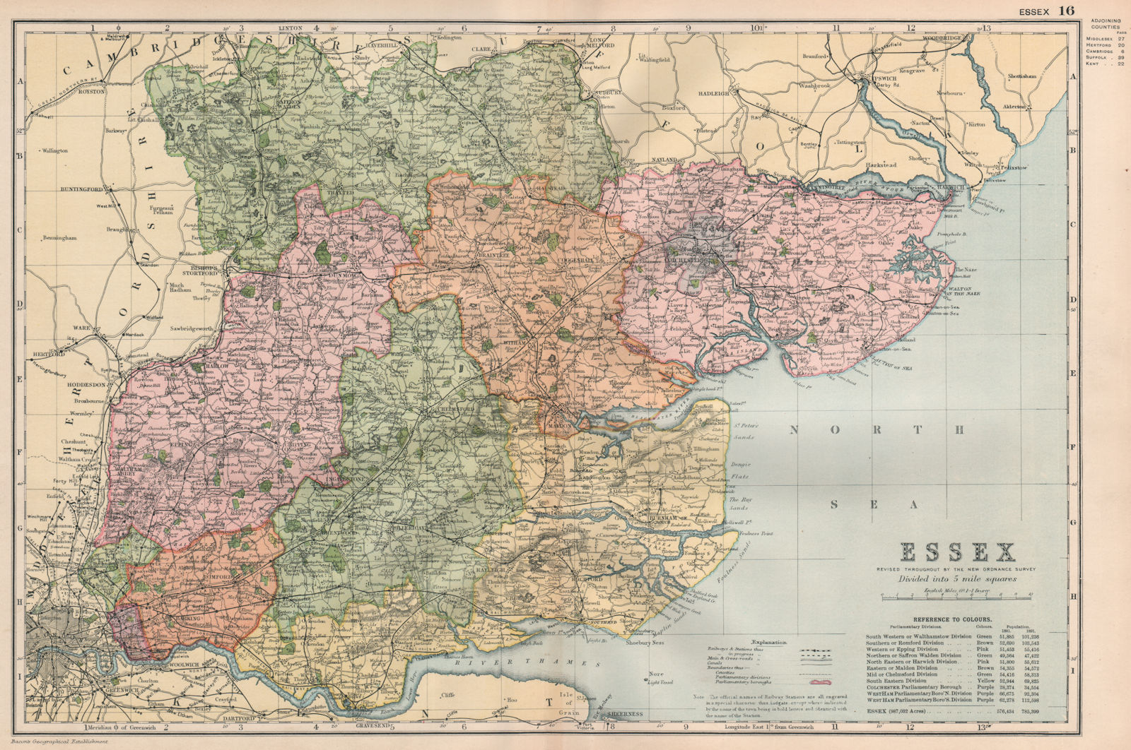 Associate Product ESSEX. Showing Parliamentary divisions, boroughs & parks. BACON 1896 old map