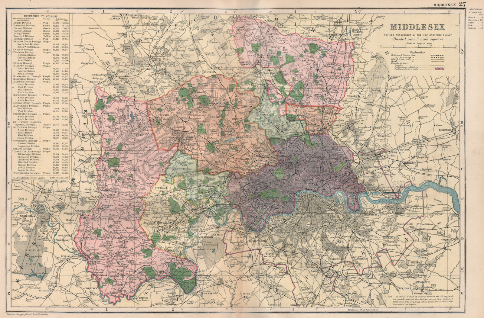 MIDDLESEX.Showing Parliamentary divisions,boroughs & parks.London.BACON 1896 map