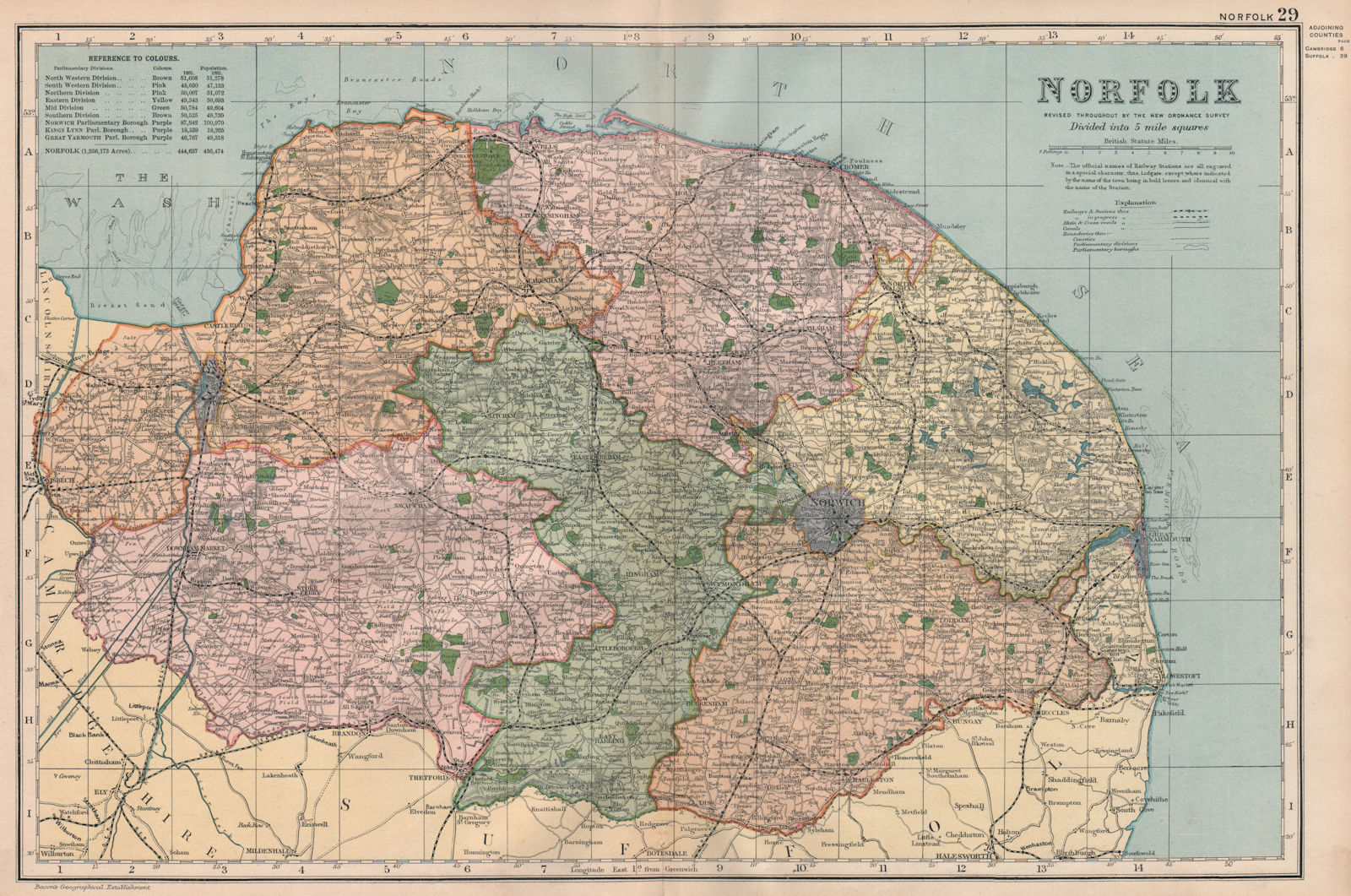 Associate Product NORFOLK. Showing Parliamentary divisions, boroughs & parks. BACON 1896 old map