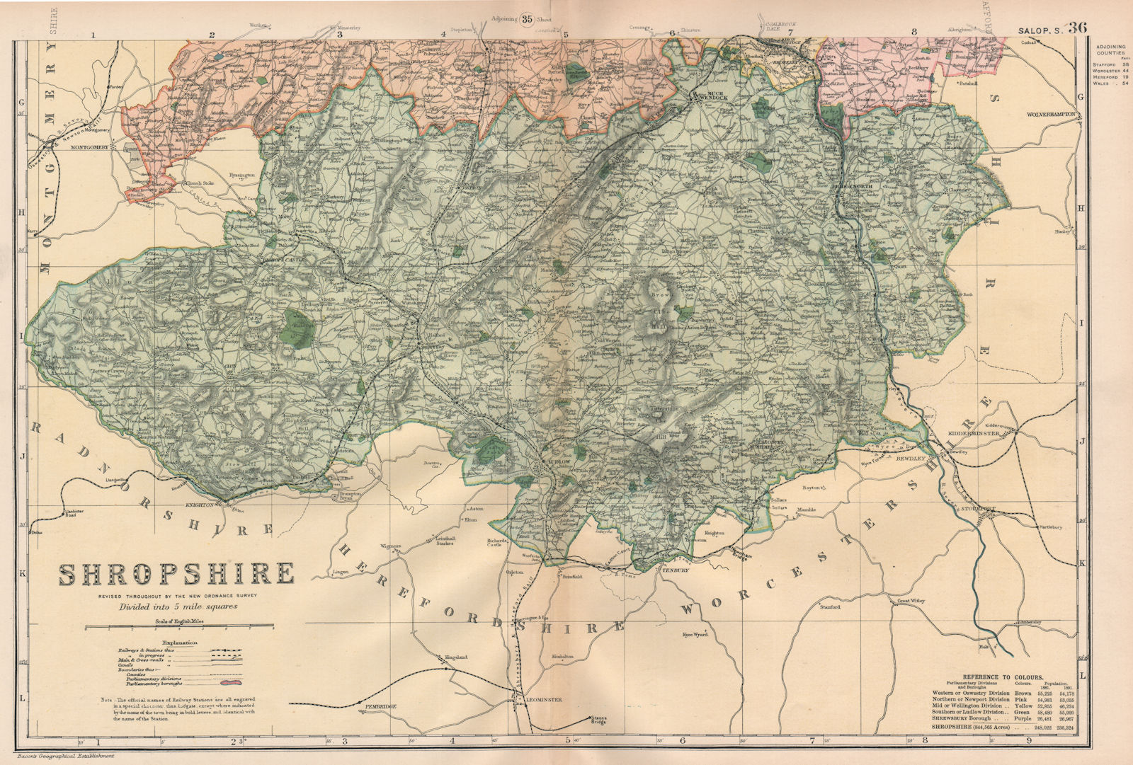 SHROPSHIRE (SOUTH) . Showing Parliamentary divisions & parks. BACON 1896 map