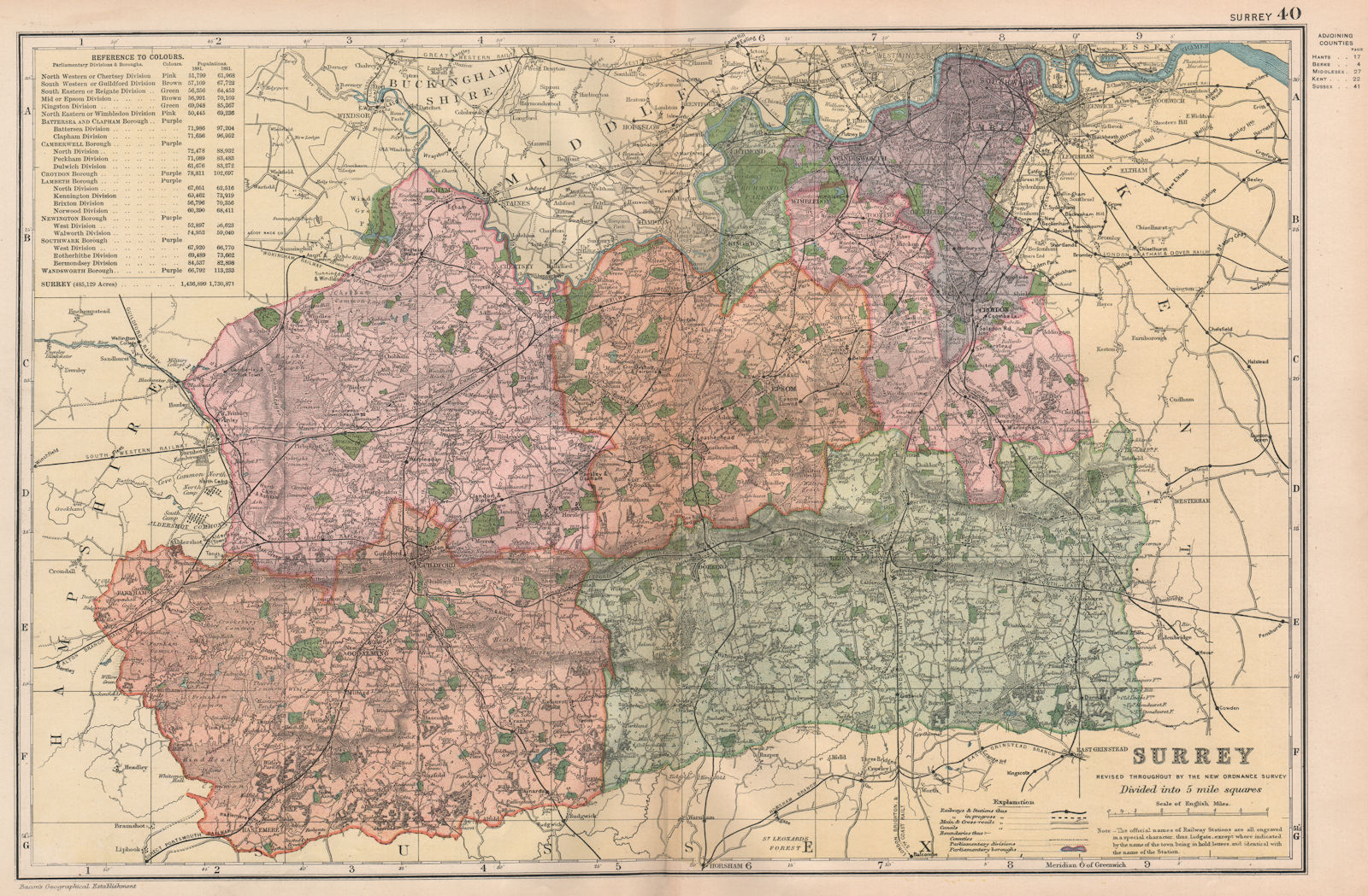 SURREY. Showing Parliamentary divisions, boroughs & parks. BACON 1896 old map